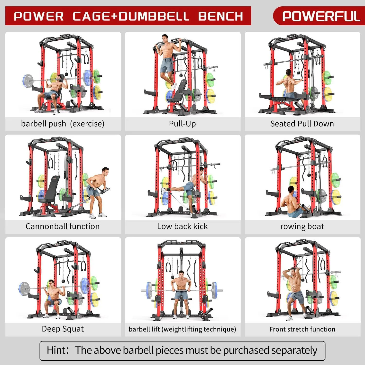 L02 Power Cages Multi-Purpose Squat Rack with Cable Crossover System, Matching Olympic Barbell Weight Set ，Weight Bench, for Garage and Home Gyms