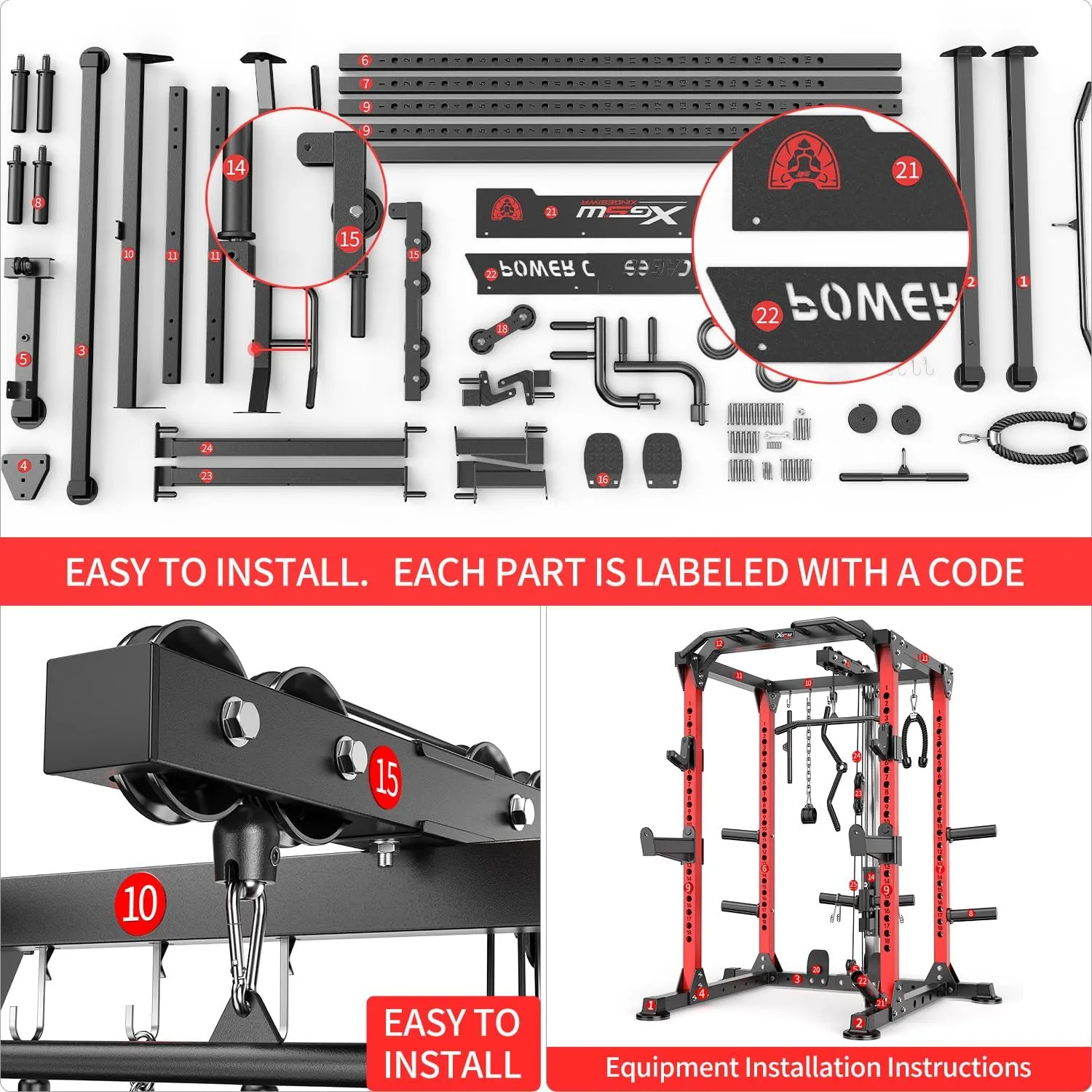 L02 Power Cages Multi-Purpose Squat Rack with Cable Crossover System, Matching Olympic Barbell Weight Set ，Weight Bench, for Garage and Home Gyms