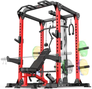 L02 Power Cages Multi-Purpose Squat Rack with Cable Crossover System, Matching Olympic Barbell Weight Set ，Weight Bench, for Garage and Home Gyms