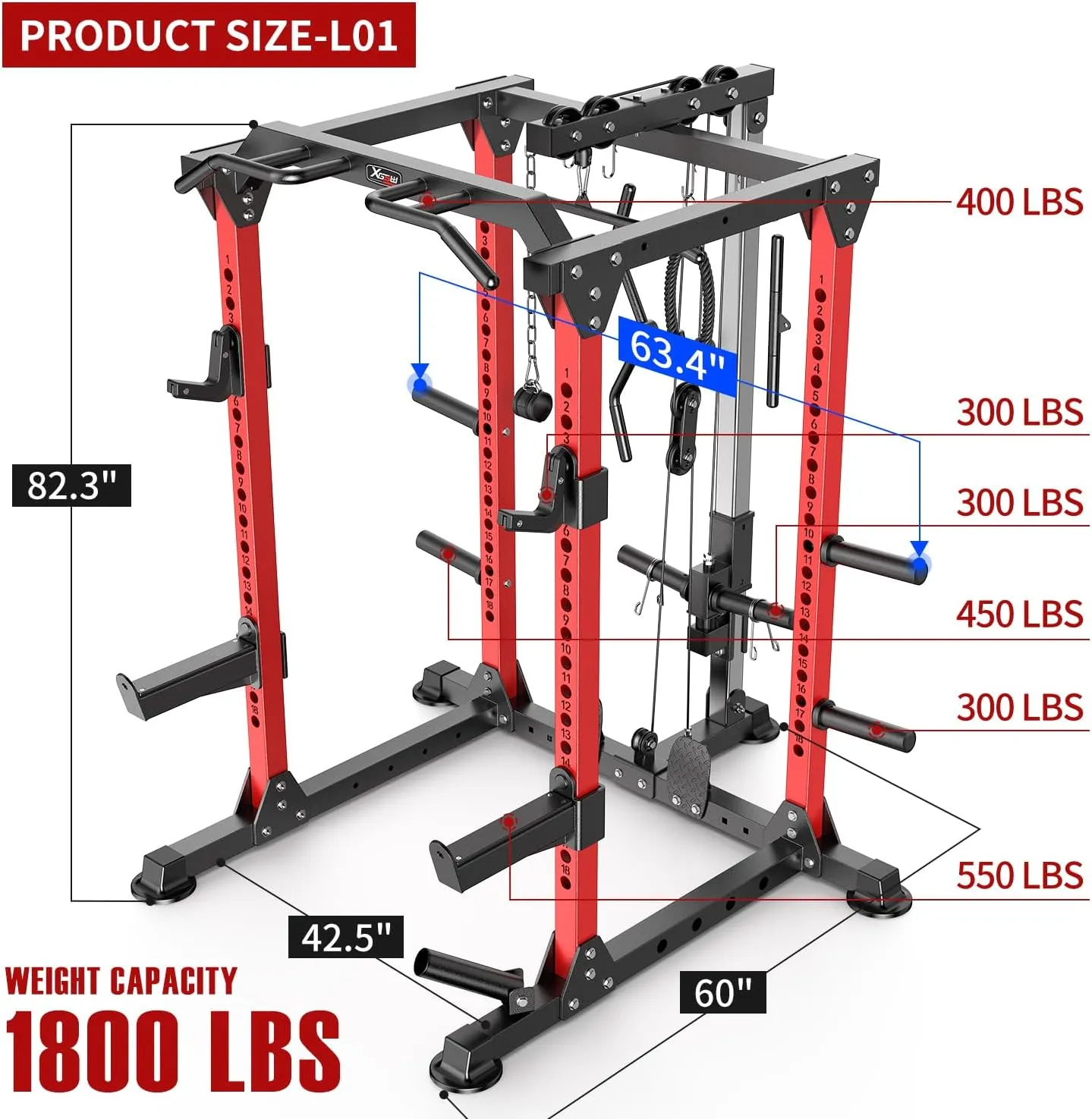 L02 Power Cages Multi-Purpose Squat Rack with Cable Crossover System, Matching Olympic Barbell Weight Set ，Weight Bench, for Garage and Home Gyms