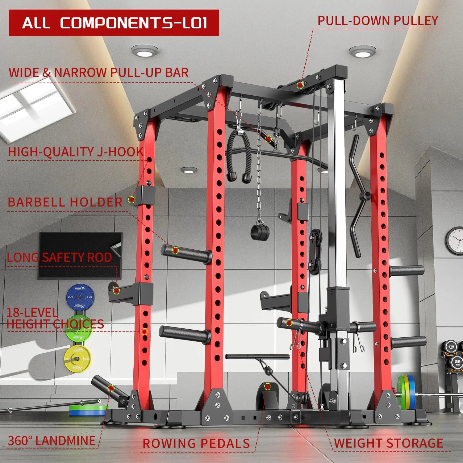 L02 Power Cages Multi-Purpose Squat Rack with Cable Crossover System, Matching Olympic Barbell Weight Set ，Weight Bench, for Garage and Home Gyms