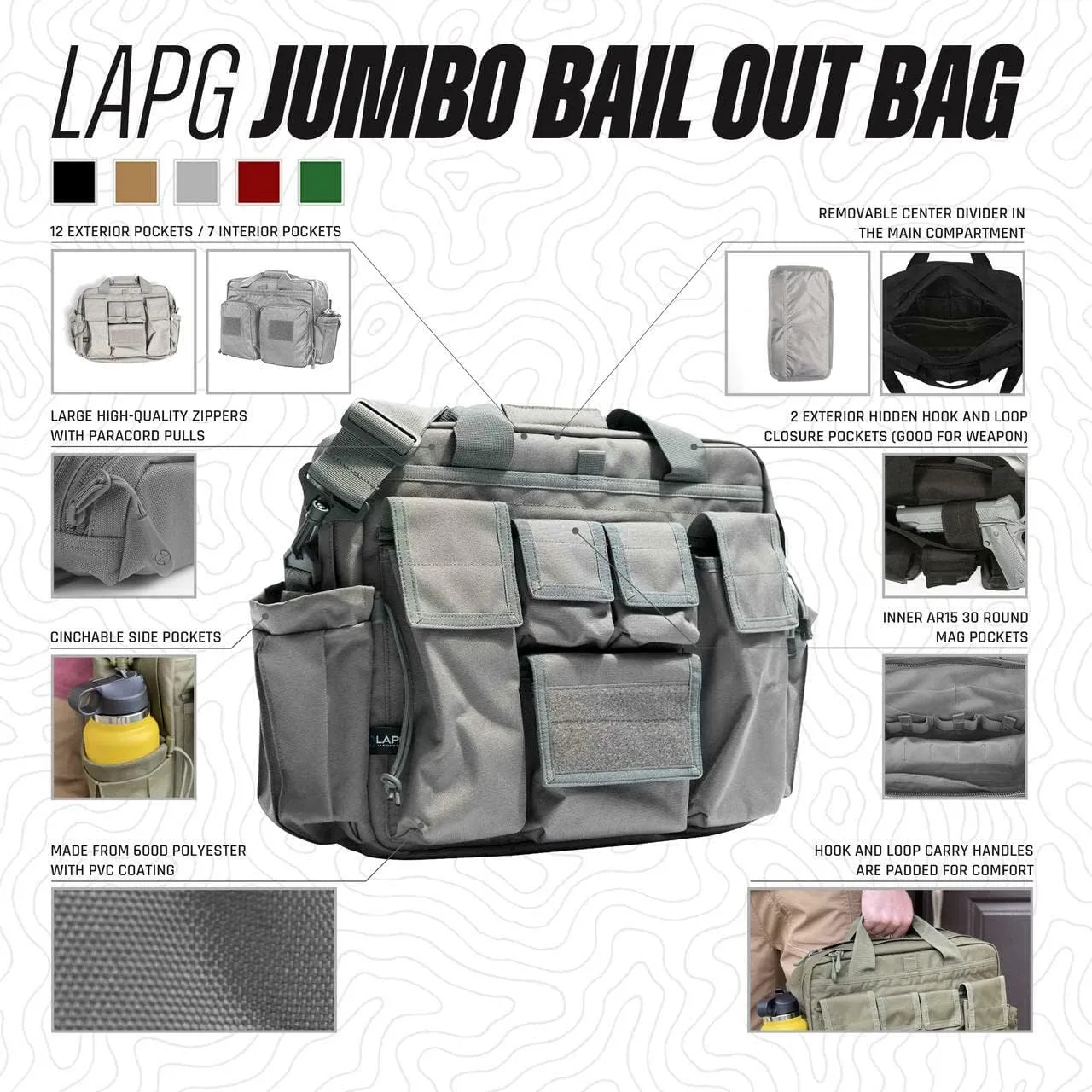 LAPG Camping Gear Jumbo Bail Out Bag, Survival Gear Range Bag, Multiple Pockets, Multi-functional Hiking Gear Bug Out Bag, Maroon