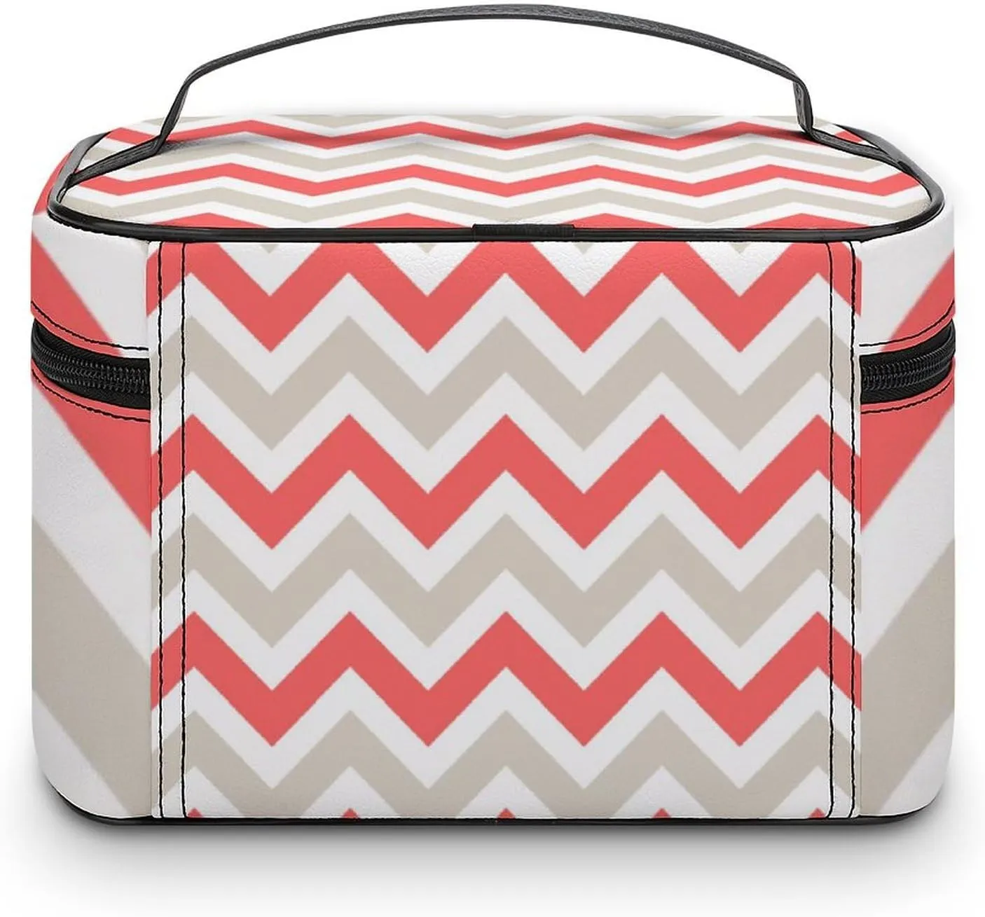 Leather Cosmetic Case, Beige and Coral Chevron Portable Makeup Bag Organizer Large Capacity Travel Toiletry Bag with Zipper