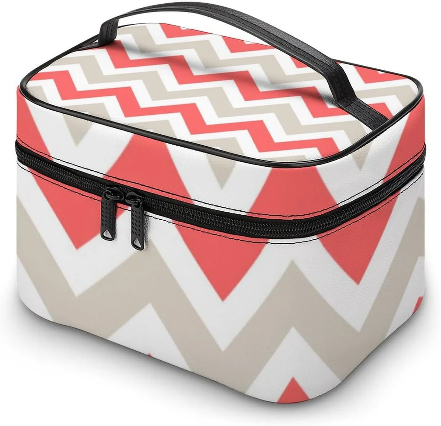 Leather Cosmetic Case, Beige and Coral Chevron Portable Makeup Bag Organizer Large Capacity Travel Toiletry Bag with Zipper