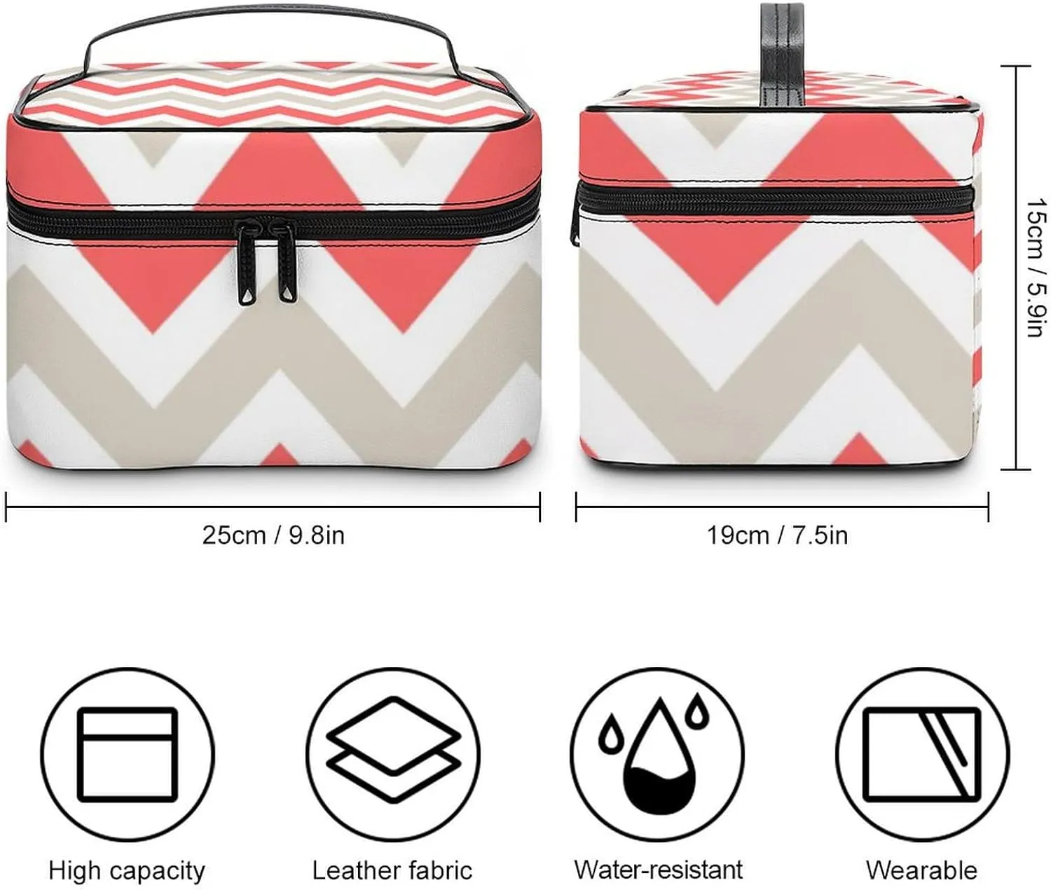 Leather Cosmetic Case, Beige and Coral Chevron Portable Makeup Bag Organizer Large Capacity Travel Toiletry Bag with Zipper