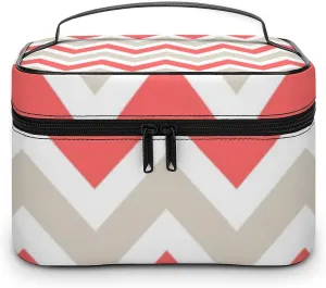 Leather Cosmetic Case, Beige and Coral Chevron Portable Makeup Bag Organizer Large Capacity Travel Toiletry Bag with Zipper