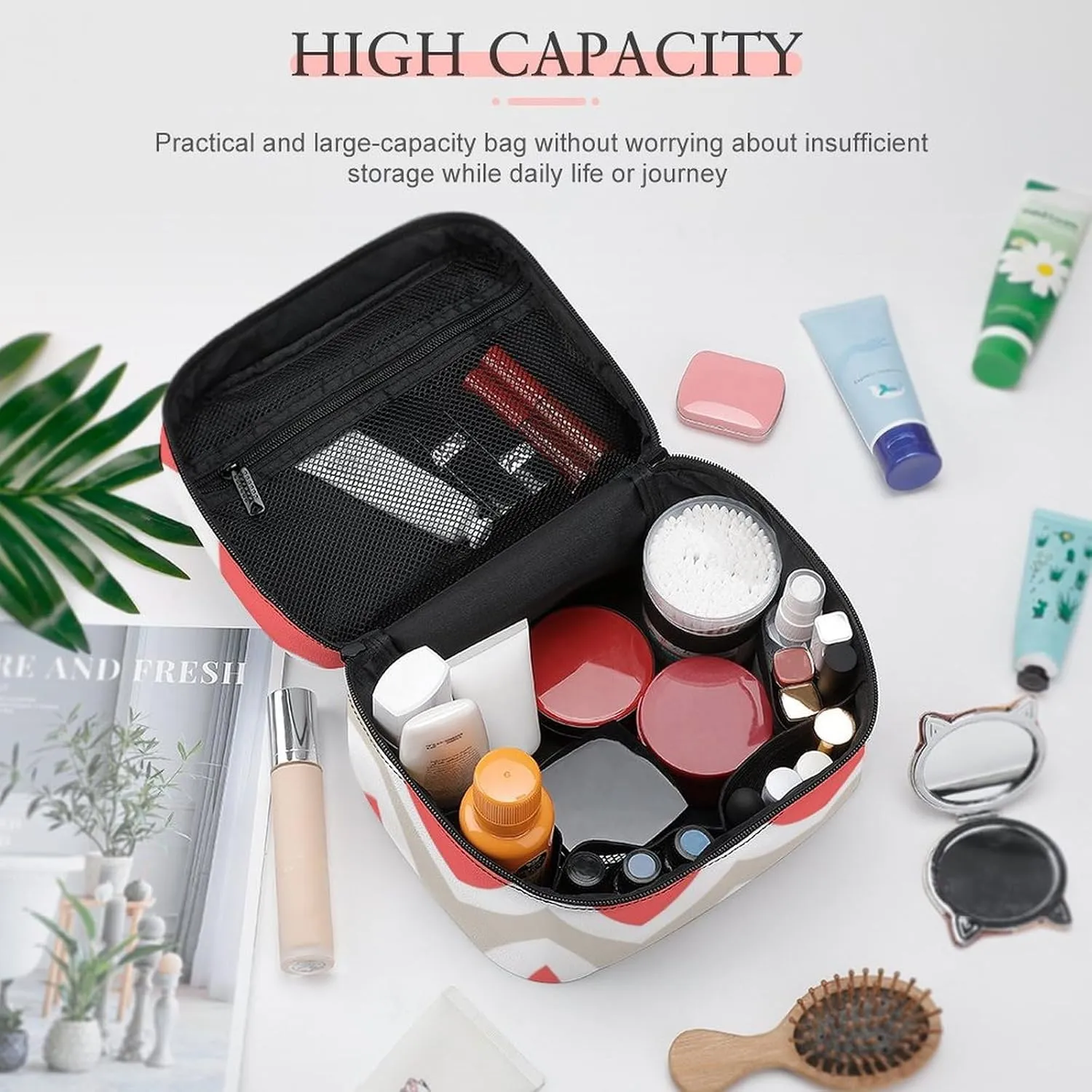 Leather Cosmetic Case, Beige and Coral Chevron Portable Makeup Bag Organizer Large Capacity Travel Toiletry Bag with Zipper
