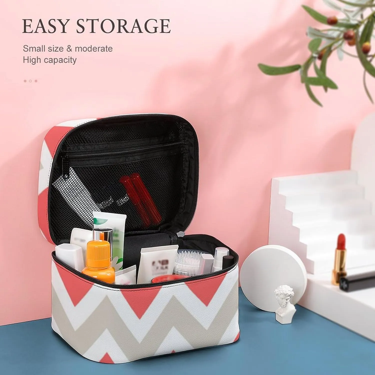 Leather Cosmetic Case, Beige and Coral Chevron Portable Makeup Bag Organizer Large Capacity Travel Toiletry Bag with Zipper
