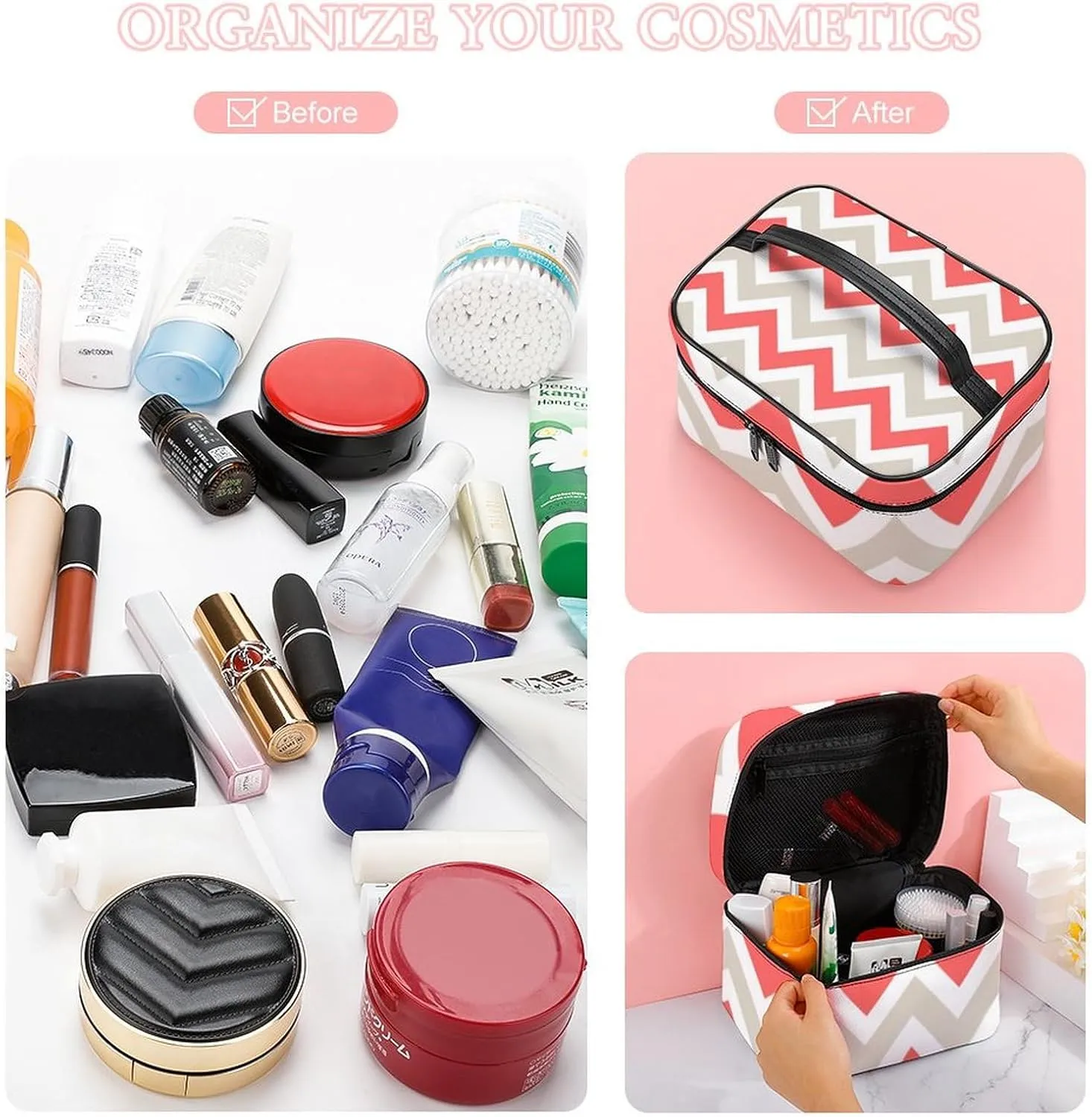 Leather Cosmetic Case, Beige and Coral Chevron Portable Makeup Bag Organizer Large Capacity Travel Toiletry Bag with Zipper