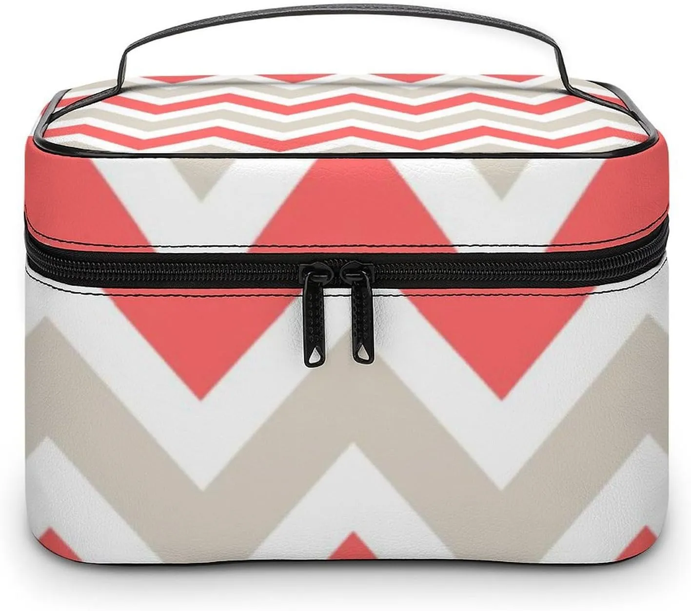 Leather Cosmetic Case, Beige and Coral Chevron Portable Makeup Bag Organizer Large Capacity Travel Toiletry Bag with Zipper