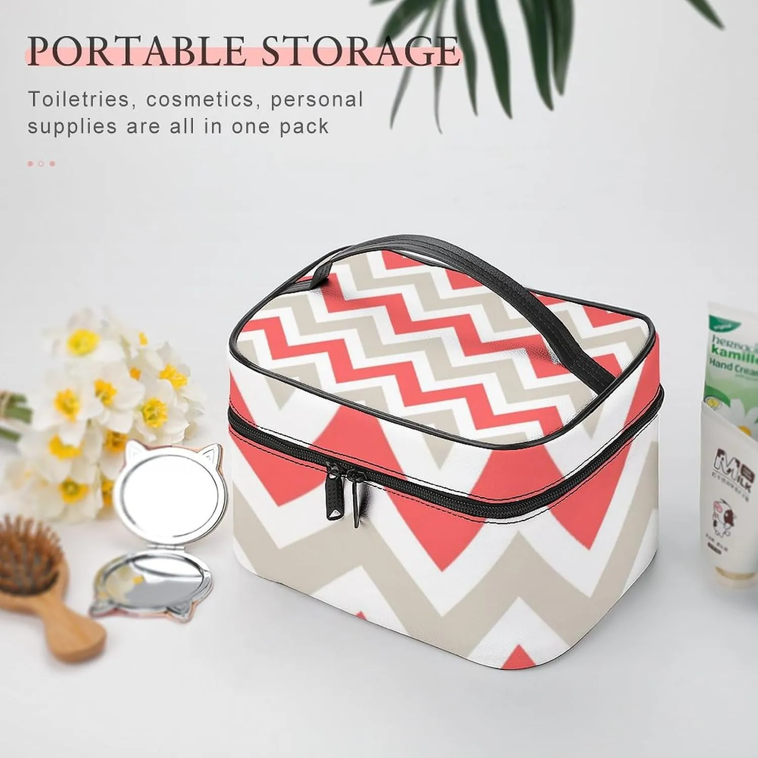Leather Cosmetic Case, Beige and Coral Chevron Portable Makeup Bag Organizer Large Capacity Travel Toiletry Bag with Zipper