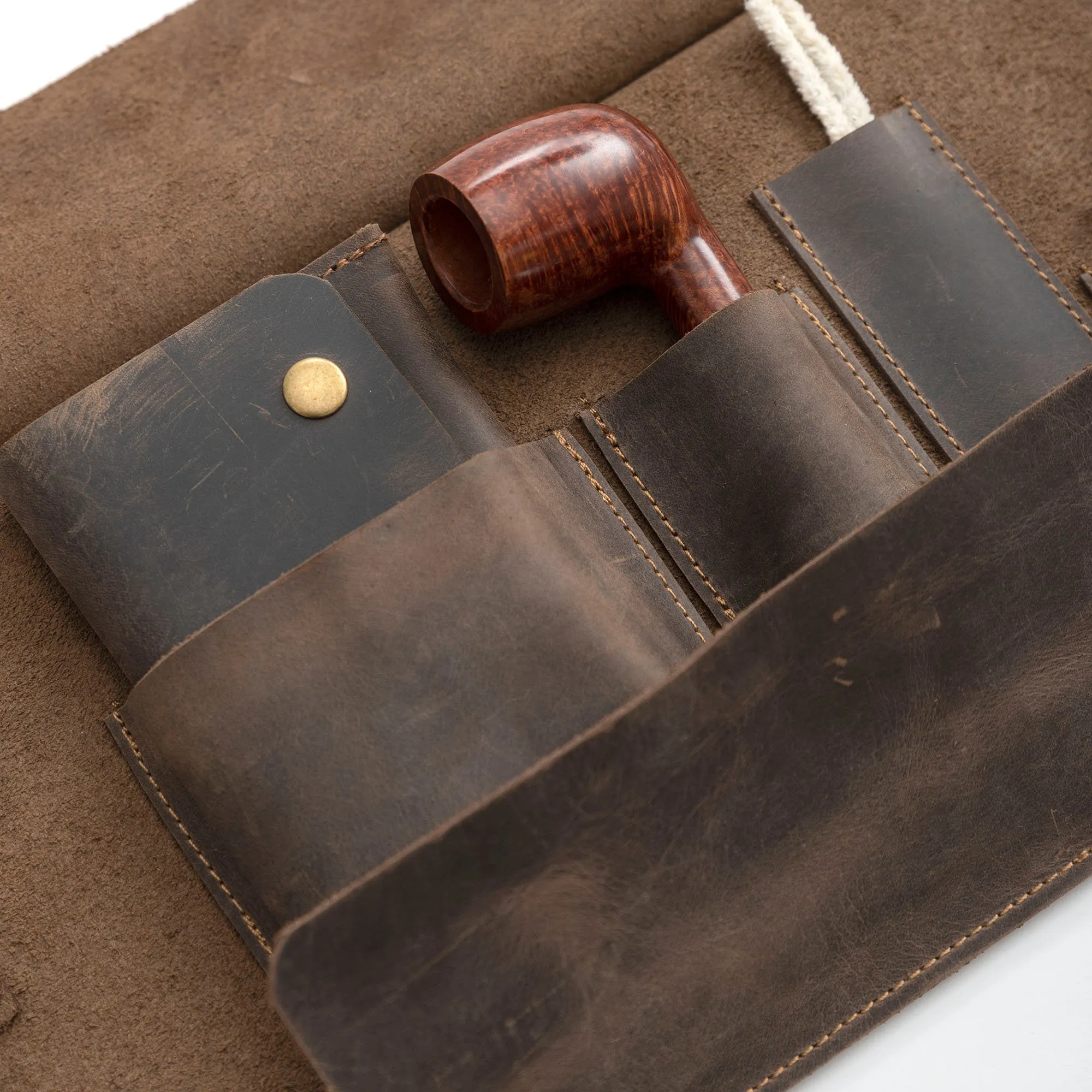 Leather Pipe Pouch for 1-Pipe, Handmade 1-Pipe Rollup Bag, Single-Pipe Rollup Pouch, Chestnut