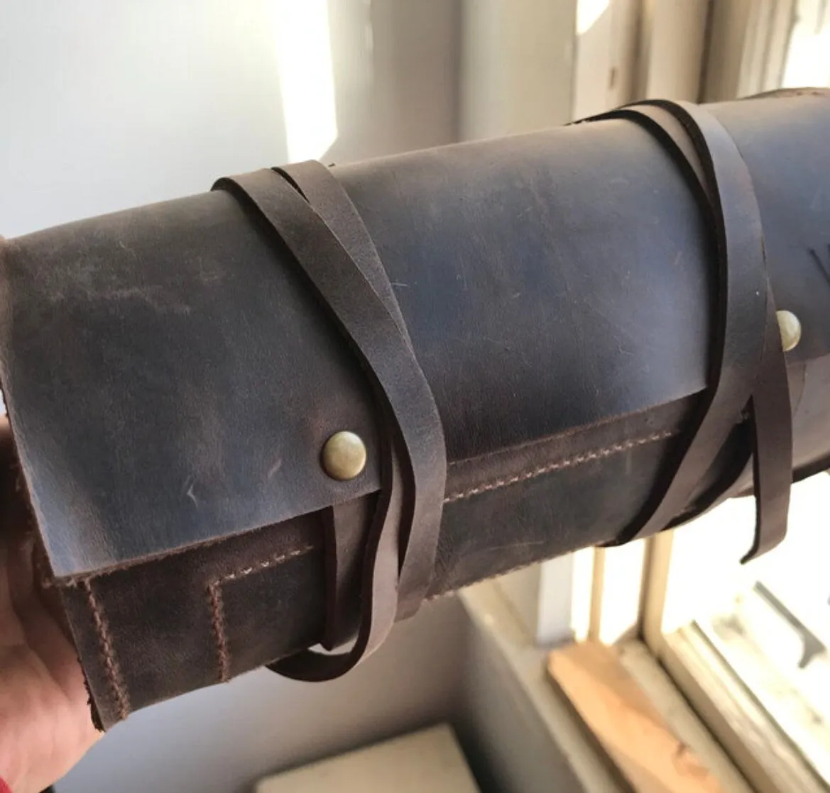Leather Pipe Pouch for 2-Pipes, Handmade 2-Pipe Rollup Bag, Double-Pipe Rollup Pouch, Dark Green