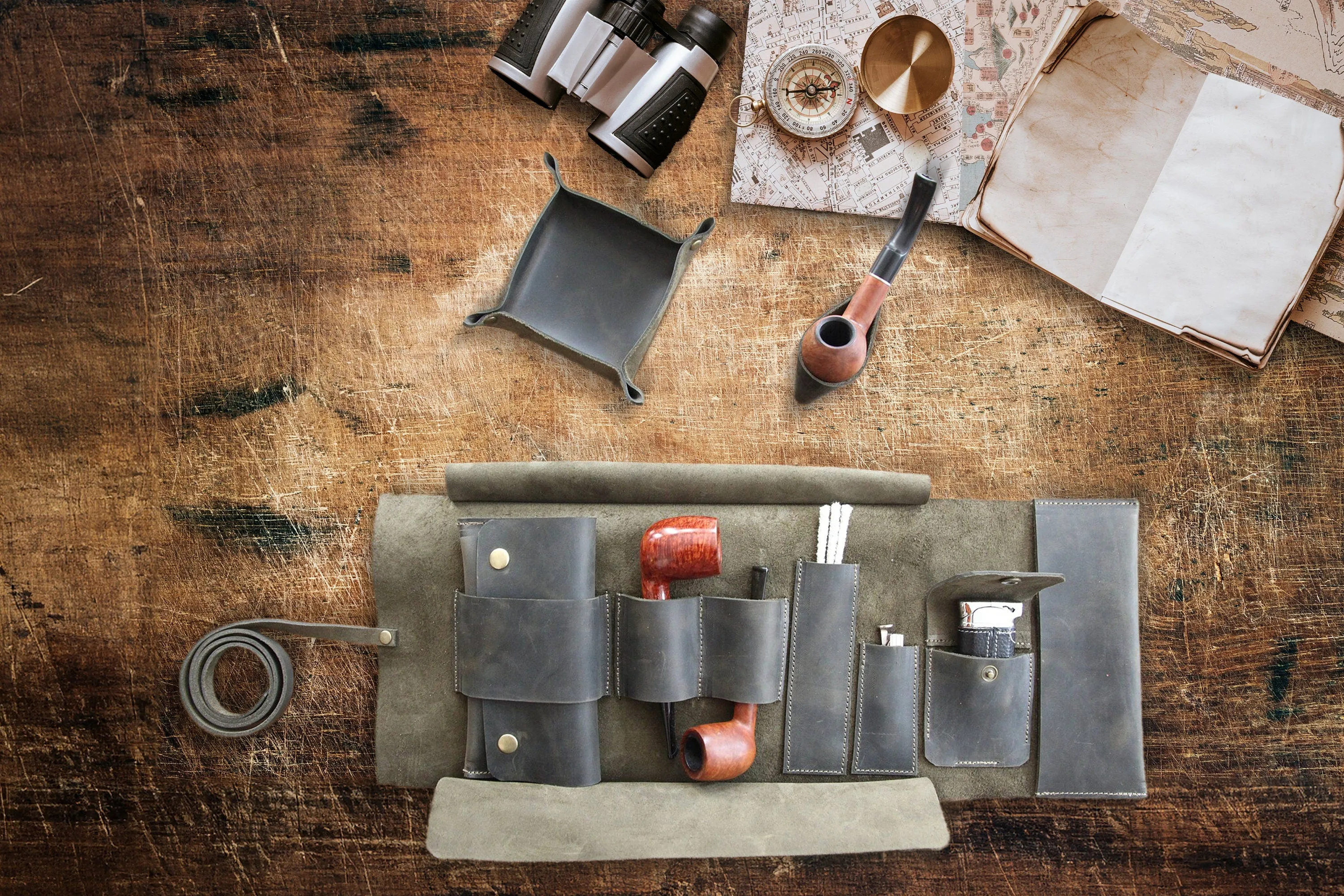 Leather Pipe Pouch for 2-Pipes, Handmade 2-Pipe Rollup Bag, Double-Pipe Rollup Pouch, Dark Green