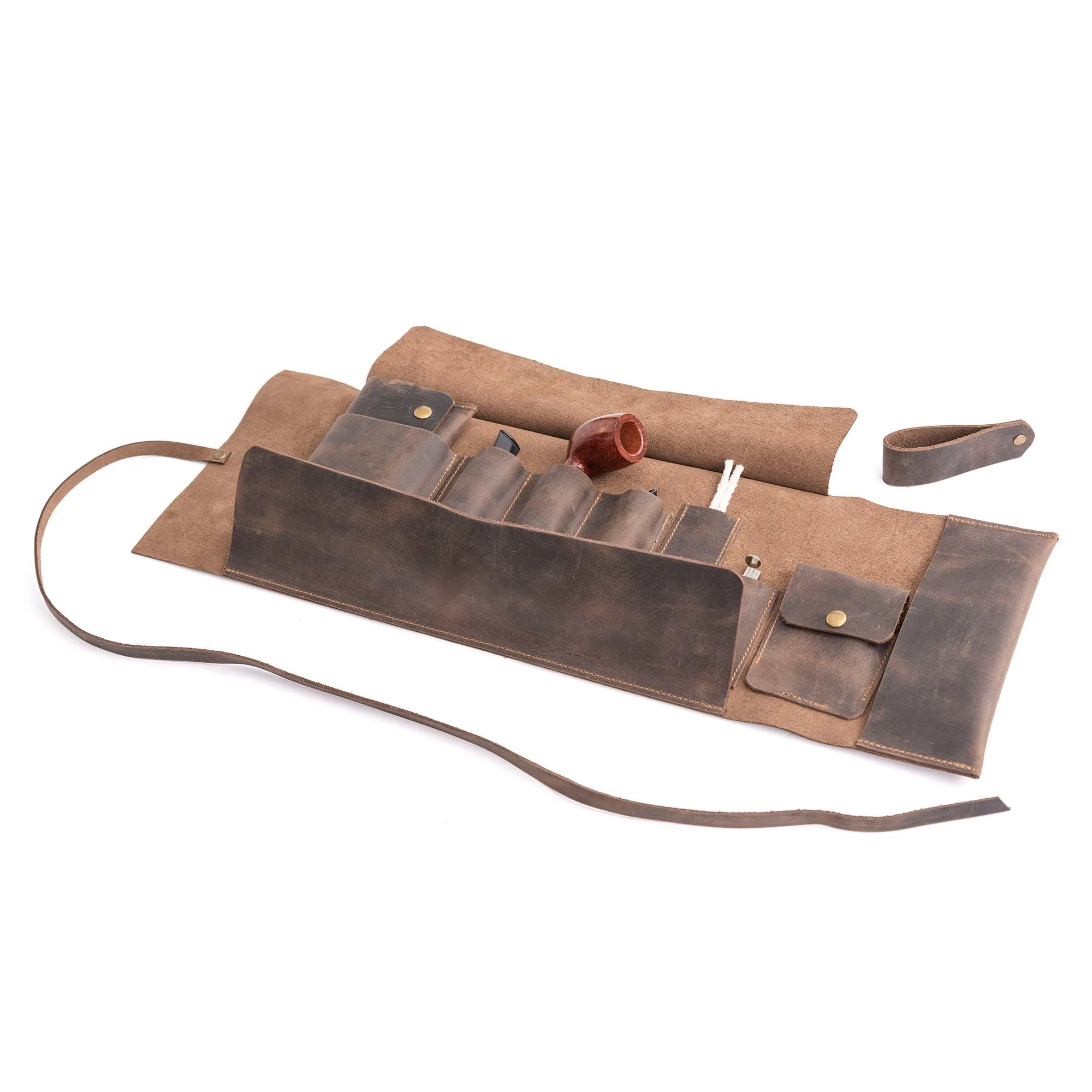 Leather Pipe Pouch for 3-Pipes, Handmade 3-Pipe Rollup Bag, The Pipe Bag, Chestnut