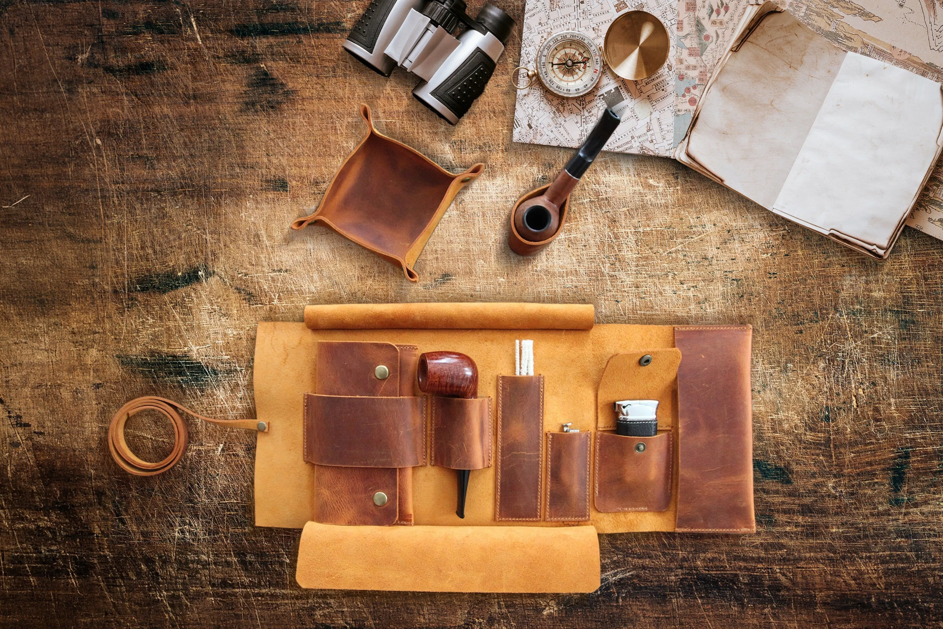 Leather Pipe Pouch Full Set, Handmade Pipe Rollup Bag, Tobacco Pouch, Pipe Stand, Valet Tray, The Pipe Smokers Full Set, Camel