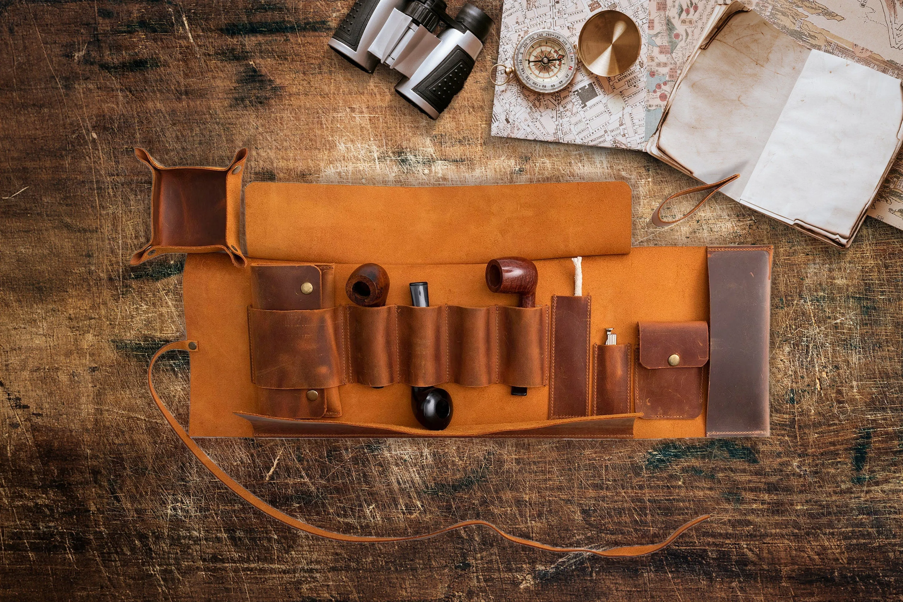 Leather Pipe Pouch Full Set, Handmade Pipe Rollup Bag, Tobacco Pouch, Pipe Stand, Valet Tray, The Pipe Smokers Full Set, Camel