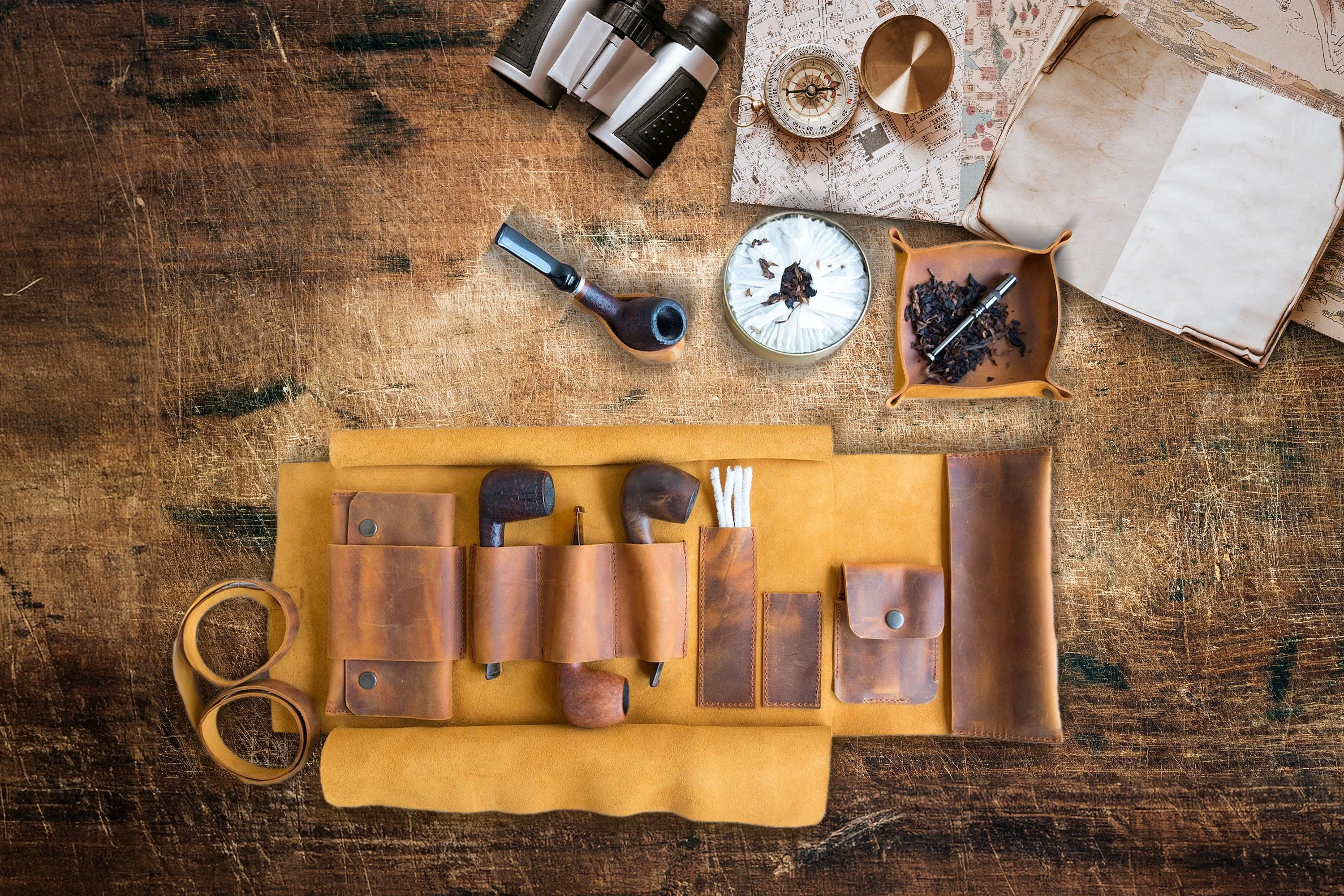 Leather Pipe Pouch Full Set, Handmade Pipe Rollup Bag, Tobacco Pouch, Pipe Stand, Valet Tray, The Pipe Smokers Full Set, Camel