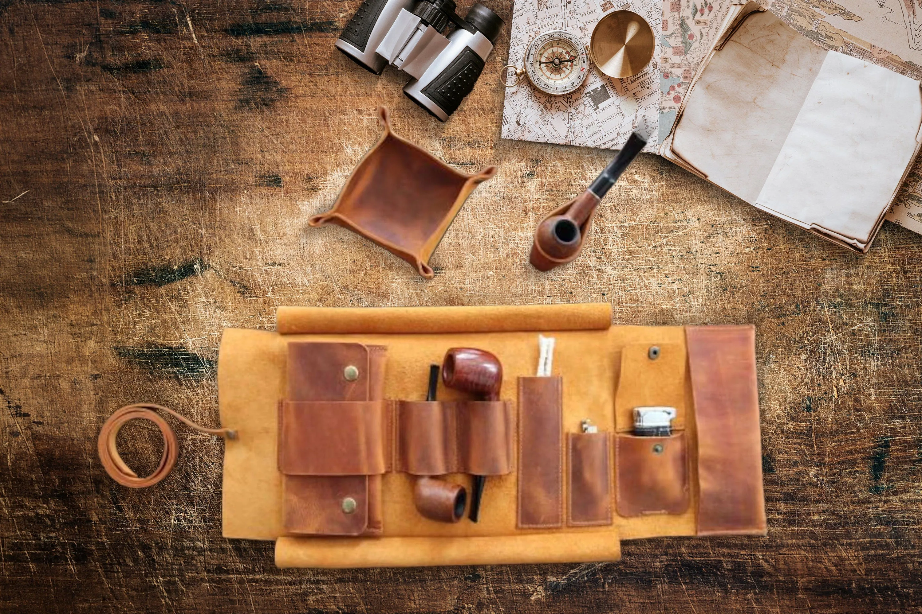 Leather Pipe Pouch Full Set, Handmade Pipe Rollup Bag, Tobacco Pouch, Pipe Stand, Valet Tray, The Pipe Smokers Full Set, Camel