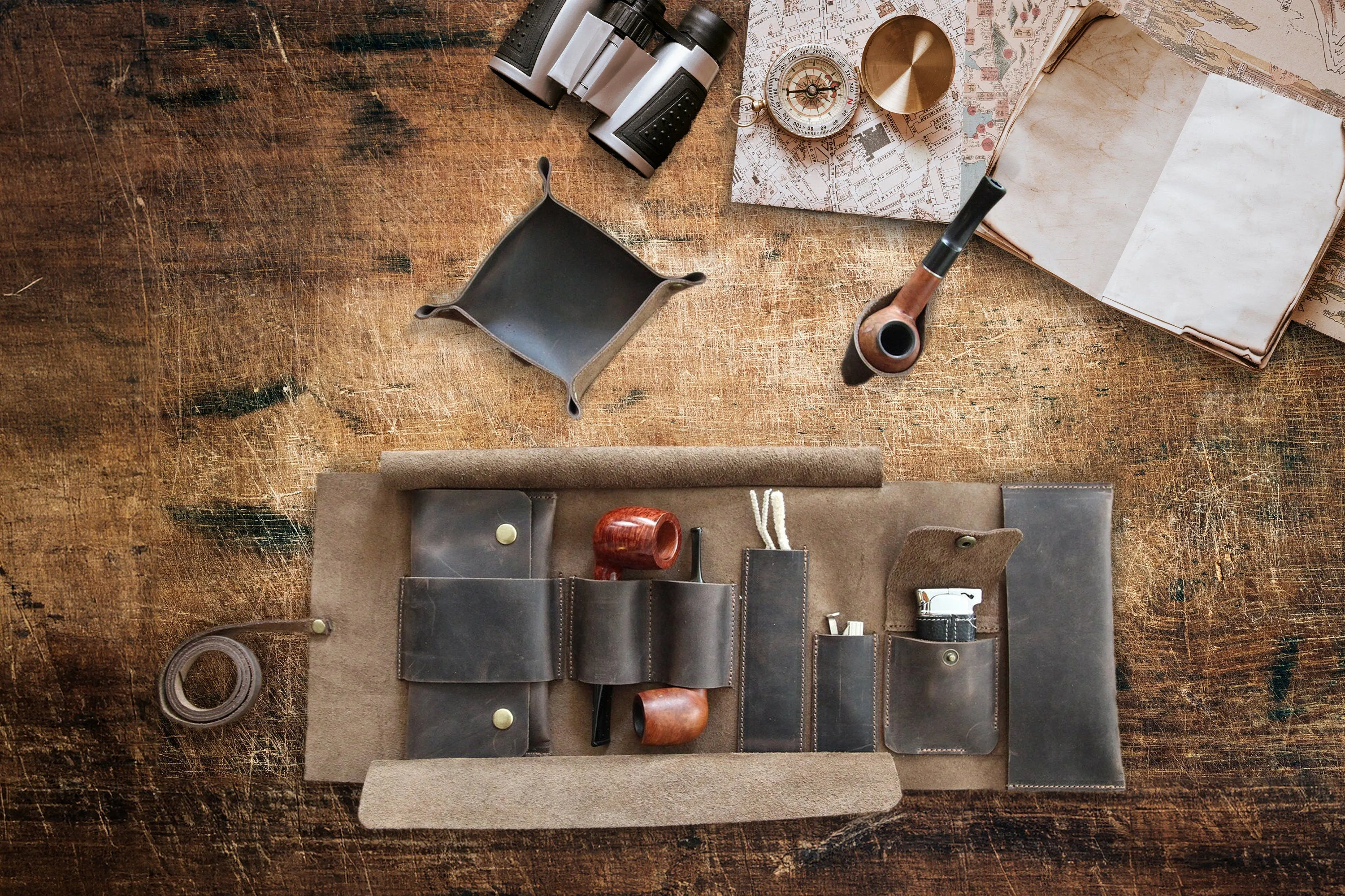 Leather Pipe Pouch Full Set, Handmade Pipe Rollup Bag, Tobacco Pouch, Pipe Stand, Valet Tray, The Pipe Smokers Full Set, Chestnut