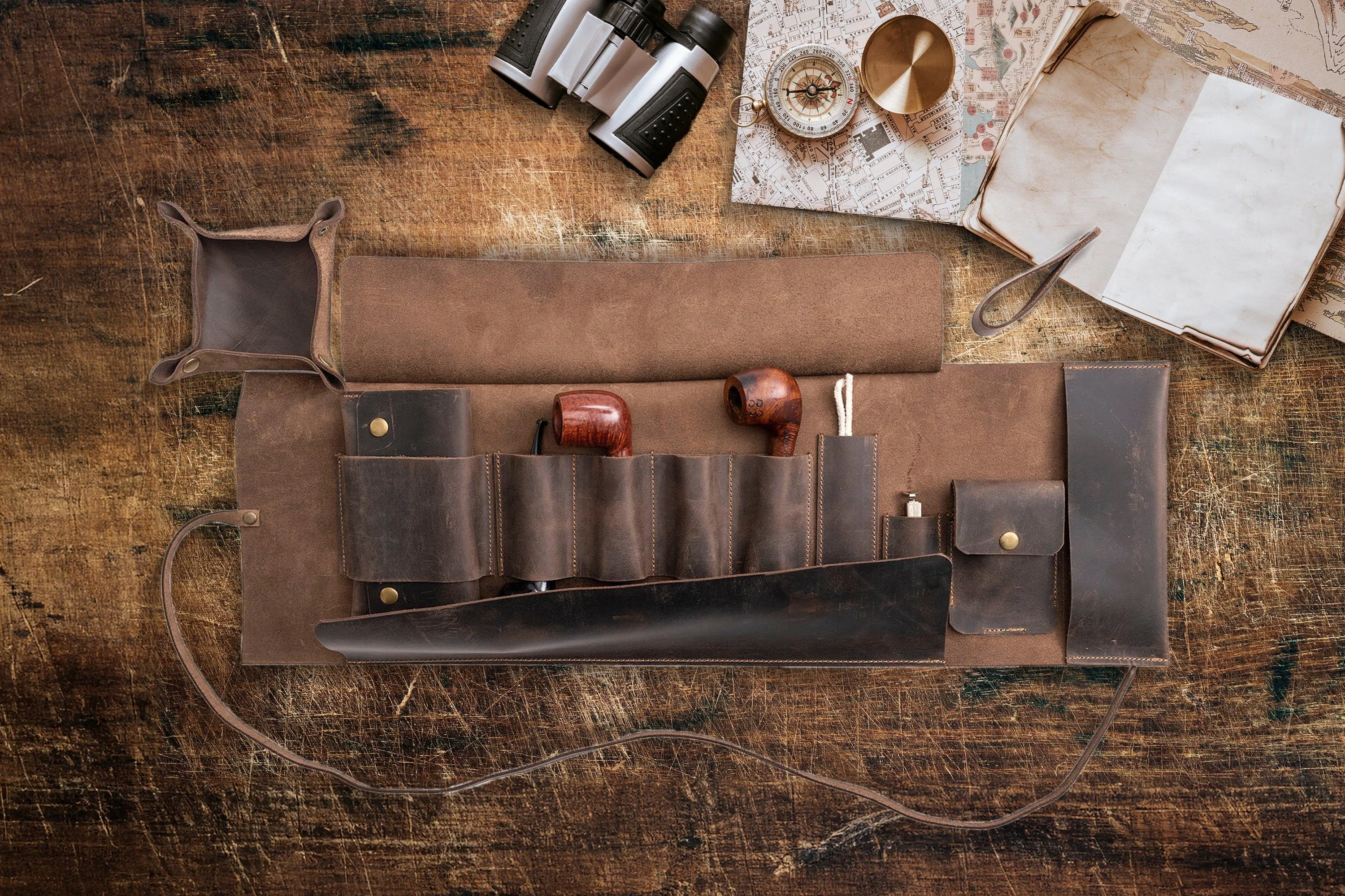 Leather Pipe Pouch Full Set, Handmade Pipe Rollup Bag, Tobacco Pouch, Pipe Stand, Valet Tray, The Pipe Smokers Full Set, Chestnut