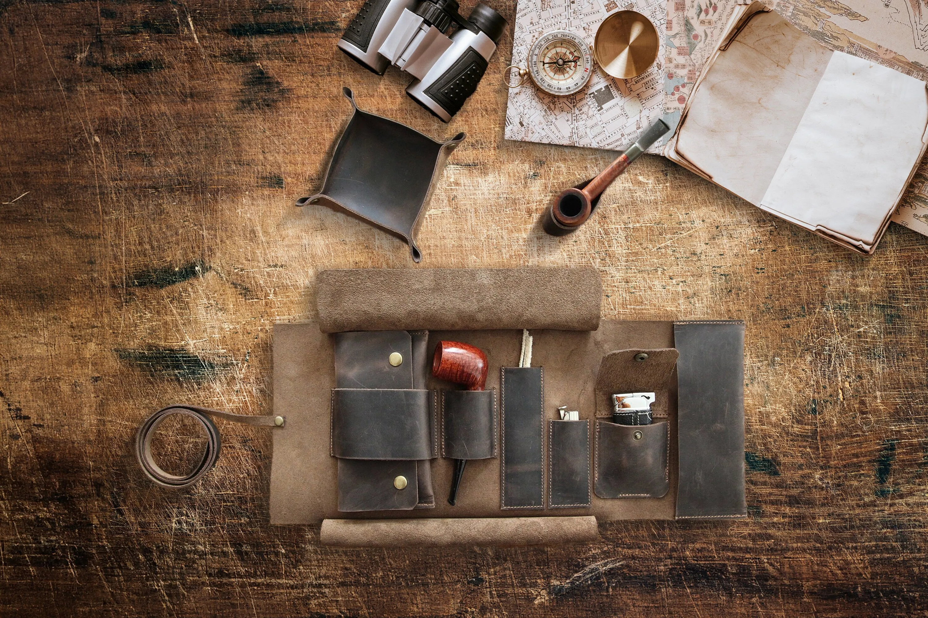 Leather Pipe Pouch Full Set, Handmade Pipe Rollup Bag, Tobacco Pouch, Pipe Stand, Valet Tray, The Pipe Smokers Full Set, Chestnut