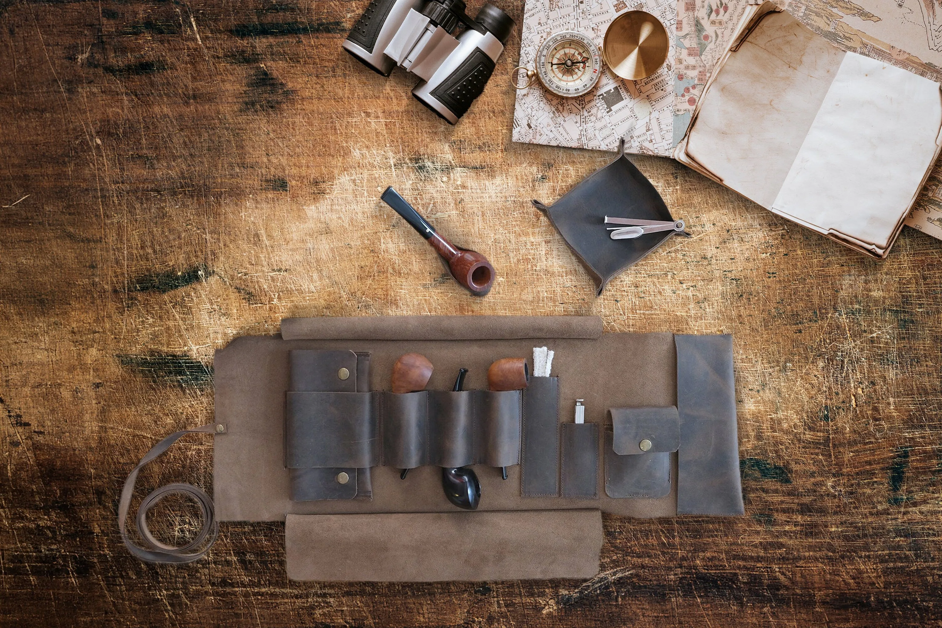 Leather Pipe Pouch Full Set, Handmade Pipe Rollup Bag, Tobacco Pouch, Pipe Stand, Valet Tray, The Pipe Smokers Full Set, Chestnut