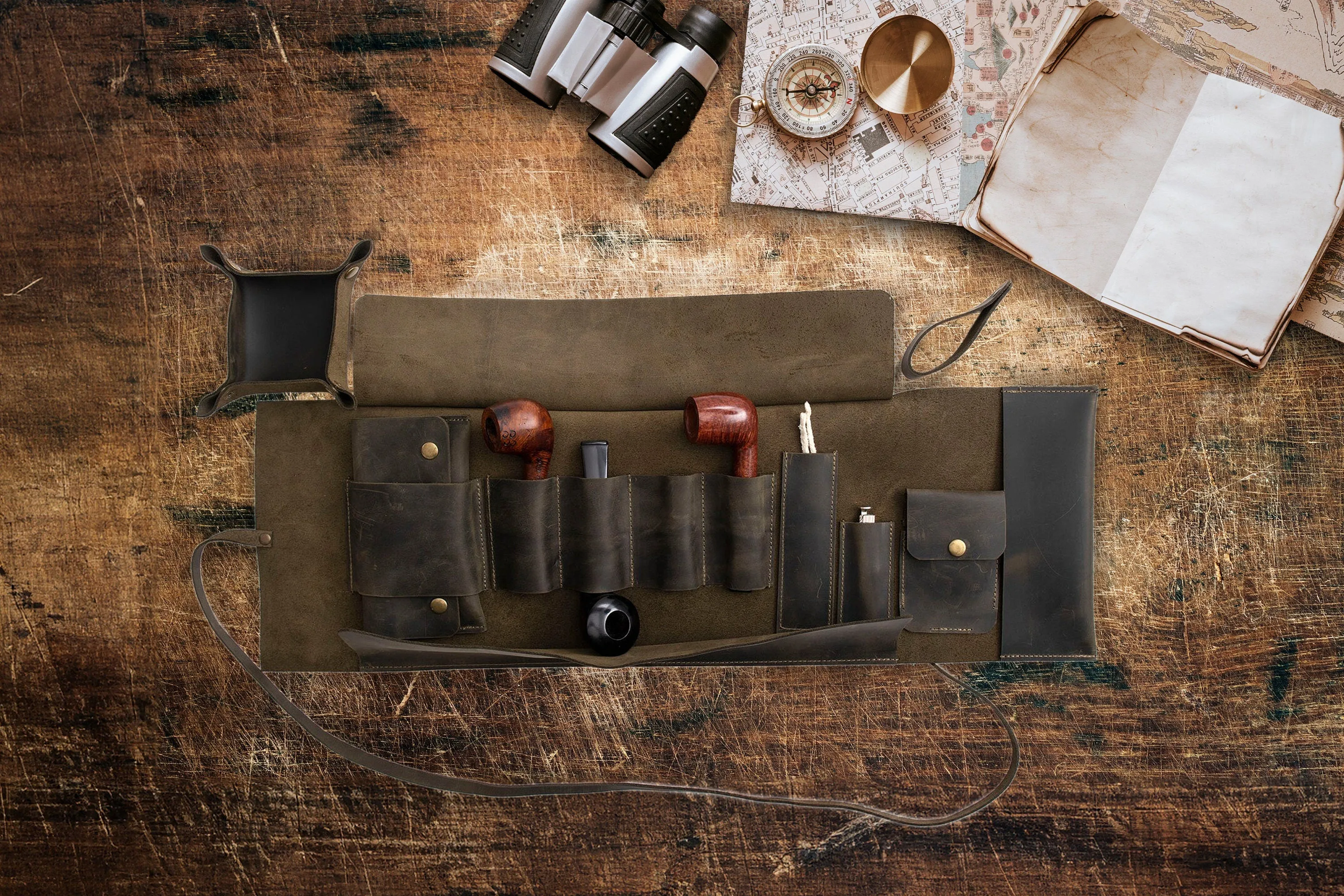 Leather Pipe Pouch Full Set, Handmade Pipe Rollup Bag, Tobacco Pouch, Pipe Stand, Valet Tray, The Pipe Smokers Full Set, Dark Green