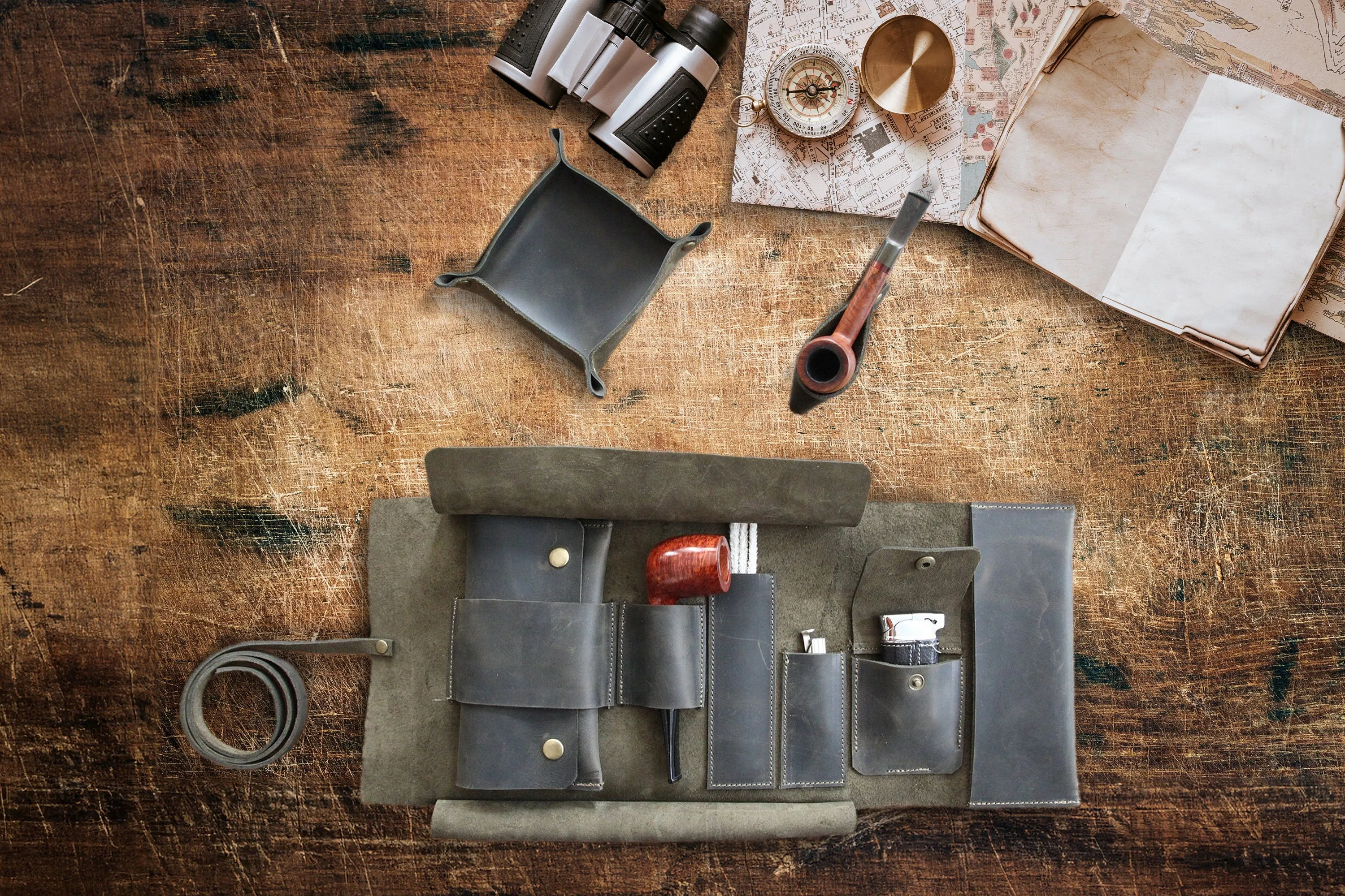 Leather Pipe Pouch Full Set, Handmade Pipe Rollup Bag, Tobacco Pouch, Pipe Stand, Valet Tray, The Pipe Smokers Full Set, Dark Green