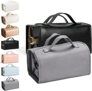Leather Waterproof Cosmetic Bag, 4 In 1 Roll Up Makeup Bag With 4 Detachable Clear Compartment, Multi Compartment Large Capacity Toiletry Travel Bag (Black Gray)