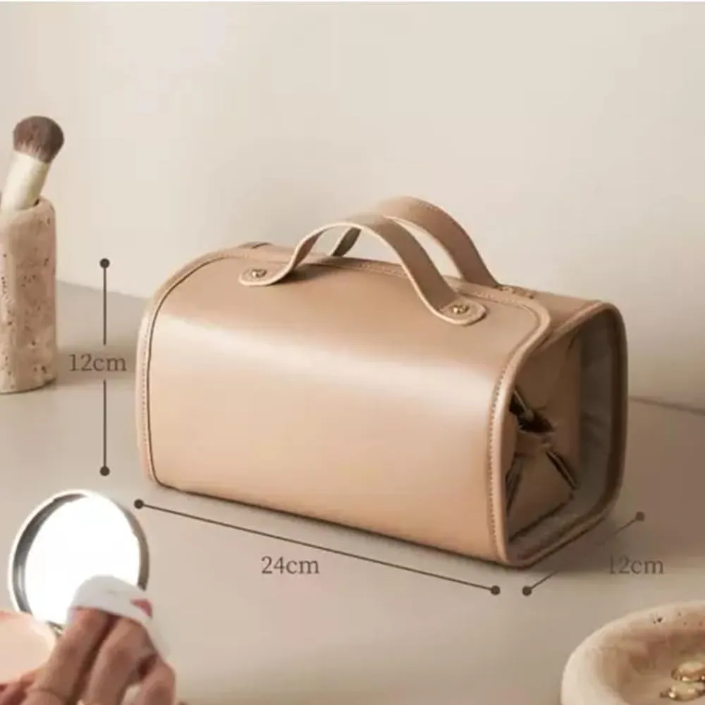Leather Waterproof Cosmetic Bag, 4 In 1 Roll Up Makeup Bag With 4 Detachable Clear Compartment, Multi Compartment Large Capacity Toiletry Travel Bag (Black Gray)
