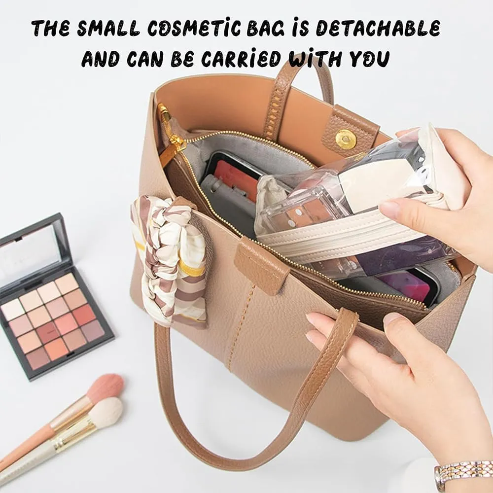 Leather Waterproof Cosmetic Bag, 4 In 1 Roll Up Makeup Bag With 4 Detachable Clear Compartment, Multi Compartment Large Capacity Toiletry Travel Bag (Black Gray)