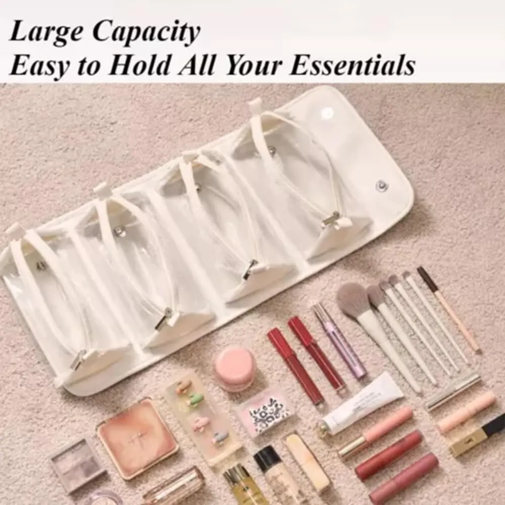 Leather Waterproof Cosmetic Bag, 4 In 1 Roll Up Makeup Bag With 4 Detachable Clear Compartment, Multi Compartment Large Capacity Toiletry Travel Bag (Black Gray)