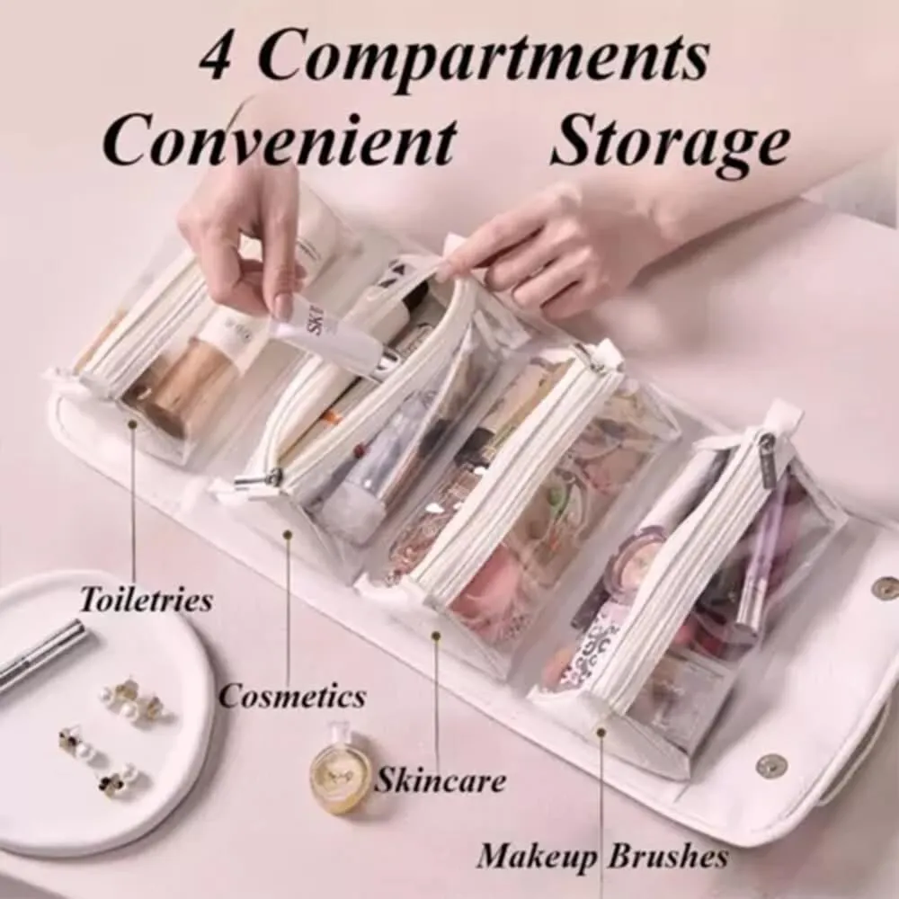 Leather Waterproof Cosmetic Bag, 4 In 1 Roll Up Makeup Bag With 4 Detachable Clear Compartment, Multi Compartment Large Capacity Toiletry Travel Bag (Black Gray)