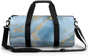 Light Blue Hues with Gold Streaks Marble Texture Travel Gym Bag for Women Men Elegant And Luxurious Abstract Pattern Cylindrical Duffle Bag Sport Workout Bag with Shoulder Strap