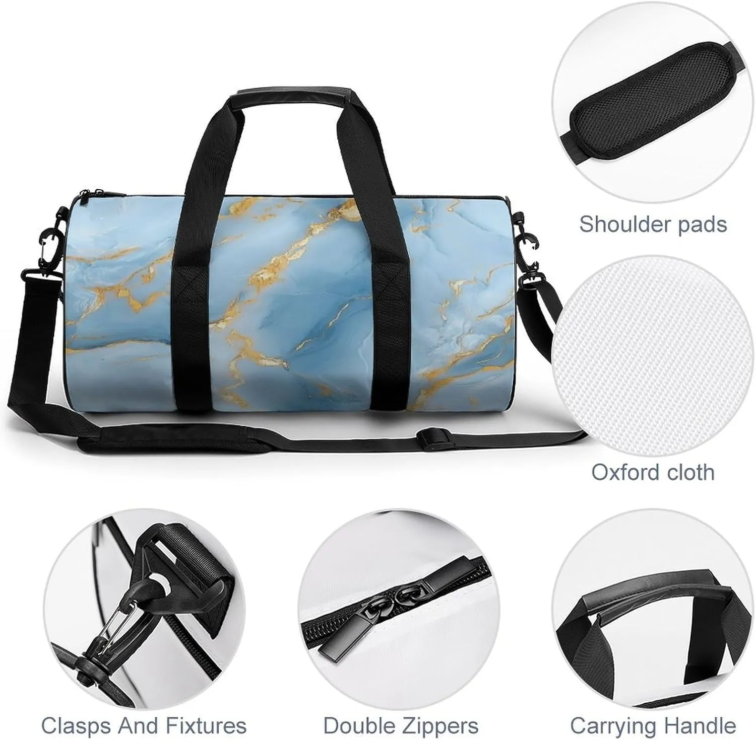 Light Blue Hues with Gold Streaks Marble Texture Travel Gym Bag for Women Men Elegant And Luxurious Abstract Pattern Cylindrical Duffle Bag Sport Workout Bag with Shoulder Strap