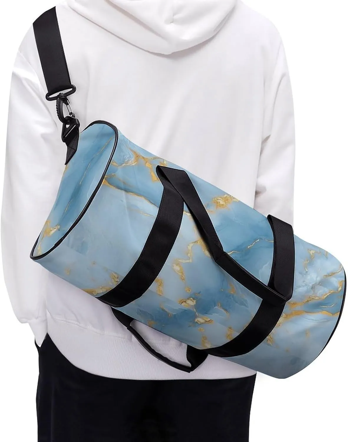 Light Blue Hues with Gold Streaks Marble Texture Travel Gym Bag for Women Men Elegant And Luxurious Abstract Pattern Cylindrical Duffle Bag Sport Workout Bag with Shoulder Strap