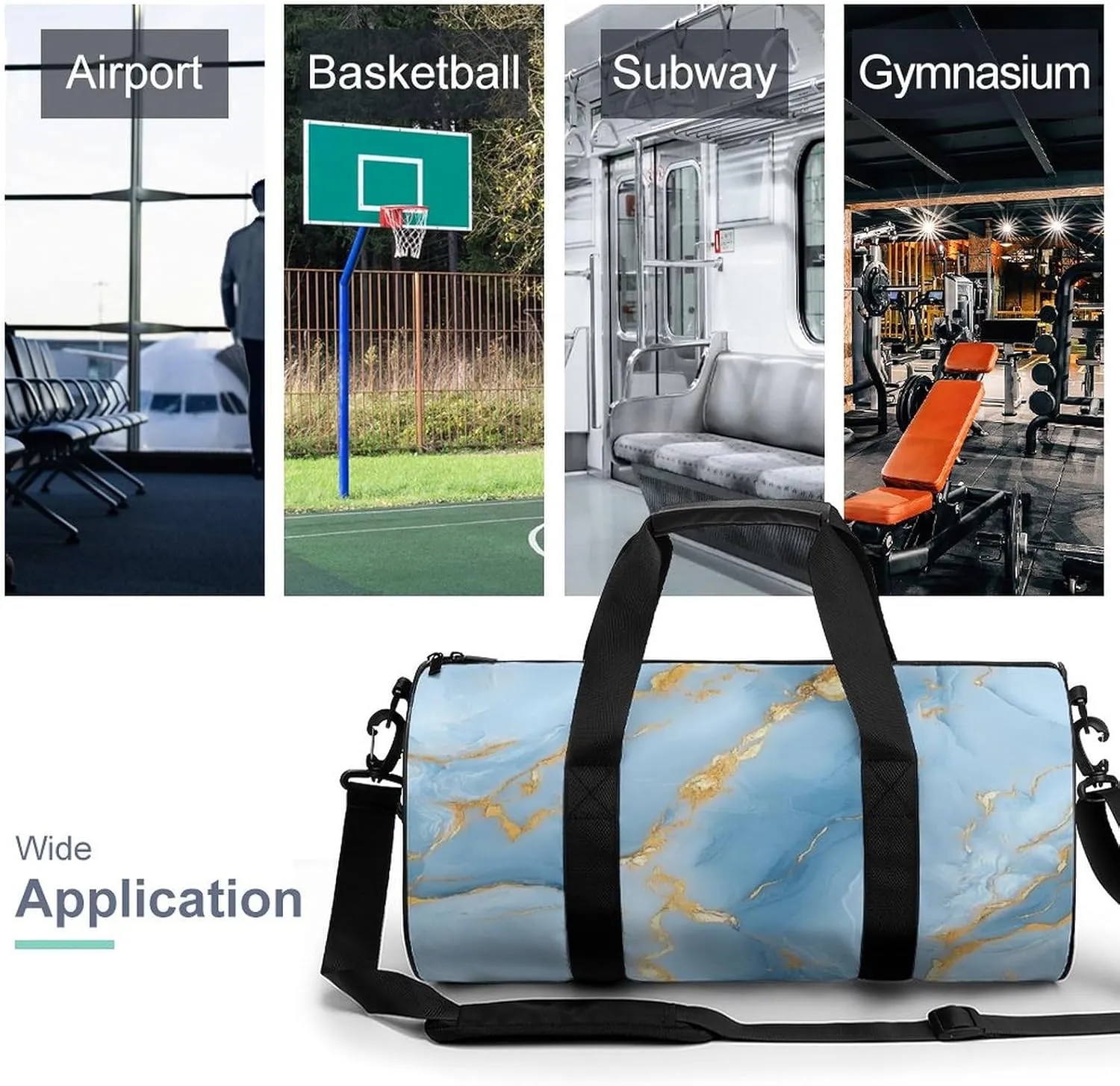Light Blue Hues with Gold Streaks Marble Texture Travel Gym Bag for Women Men Elegant And Luxurious Abstract Pattern Cylindrical Duffle Bag Sport Workout Bag with Shoulder Strap