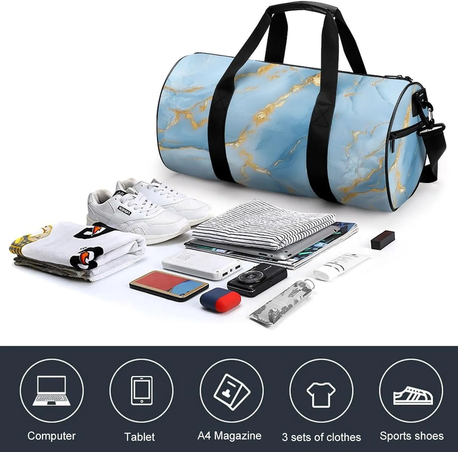 Light Blue Hues with Gold Streaks Marble Texture Travel Gym Bag for Women Men Elegant And Luxurious Abstract Pattern Cylindrical Duffle Bag Sport Workout Bag with Shoulder Strap