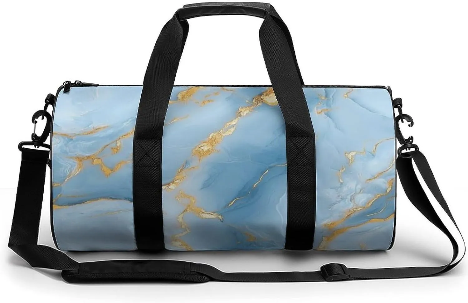 Light Blue Hues with Gold Streaks Marble Texture Travel Gym Bag for Women Men Elegant And Luxurious Abstract Pattern Cylindrical Duffle Bag Sport Workout Bag with Shoulder Strap