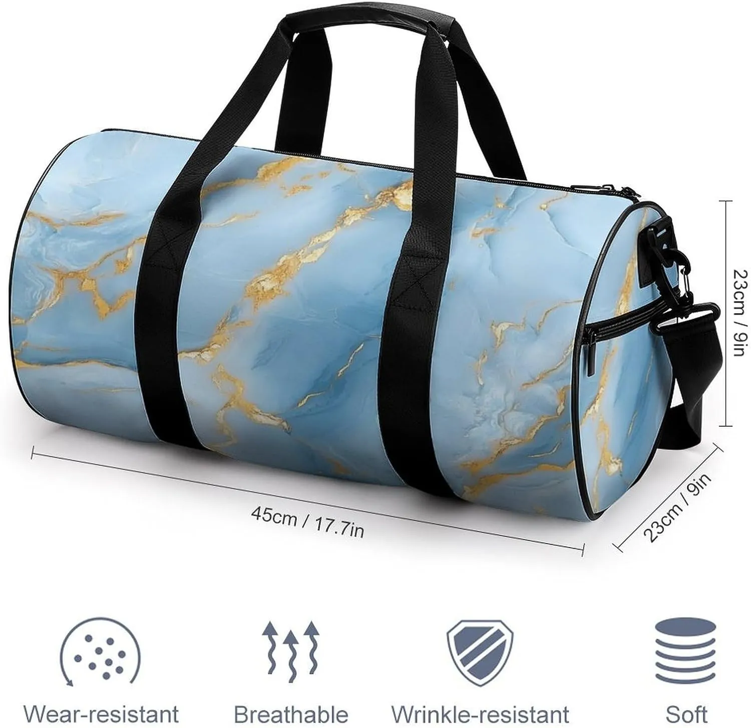 Light Blue Hues with Gold Streaks Marble Texture Travel Gym Bag for Women Men Elegant And Luxurious Abstract Pattern Cylindrical Duffle Bag Sport Workout Bag with Shoulder Strap