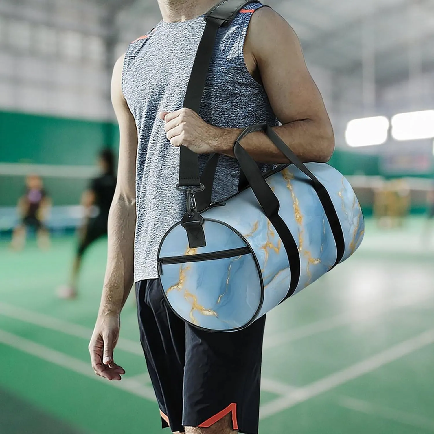 Light Blue Hues with Gold Streaks Marble Texture Travel Gym Bag for Women Men Elegant And Luxurious Abstract Pattern Cylindrical Duffle Bag Sport Workout Bag with Shoulder Strap
