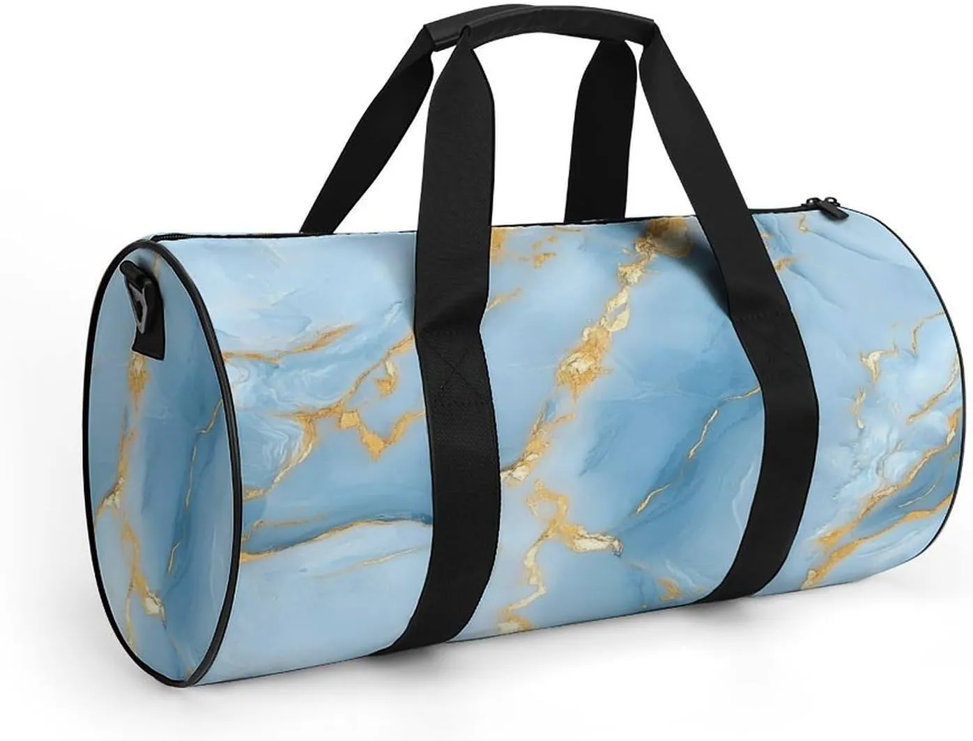 Light Blue Hues with Gold Streaks Marble Texture Travel Gym Bag for Women Men Elegant And Luxurious Abstract Pattern Cylindrical Duffle Bag Sport Workout Bag with Shoulder Strap