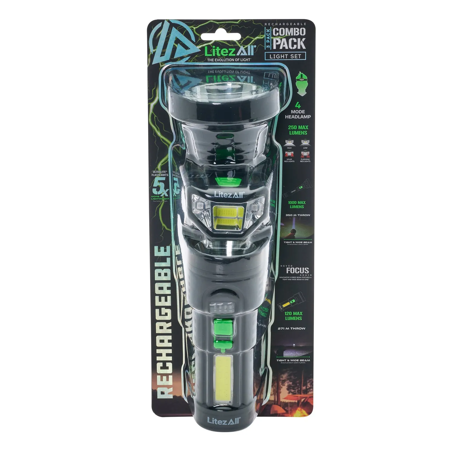 LitezAll Rechargeable Flashlight and Headlamp Combo Pack