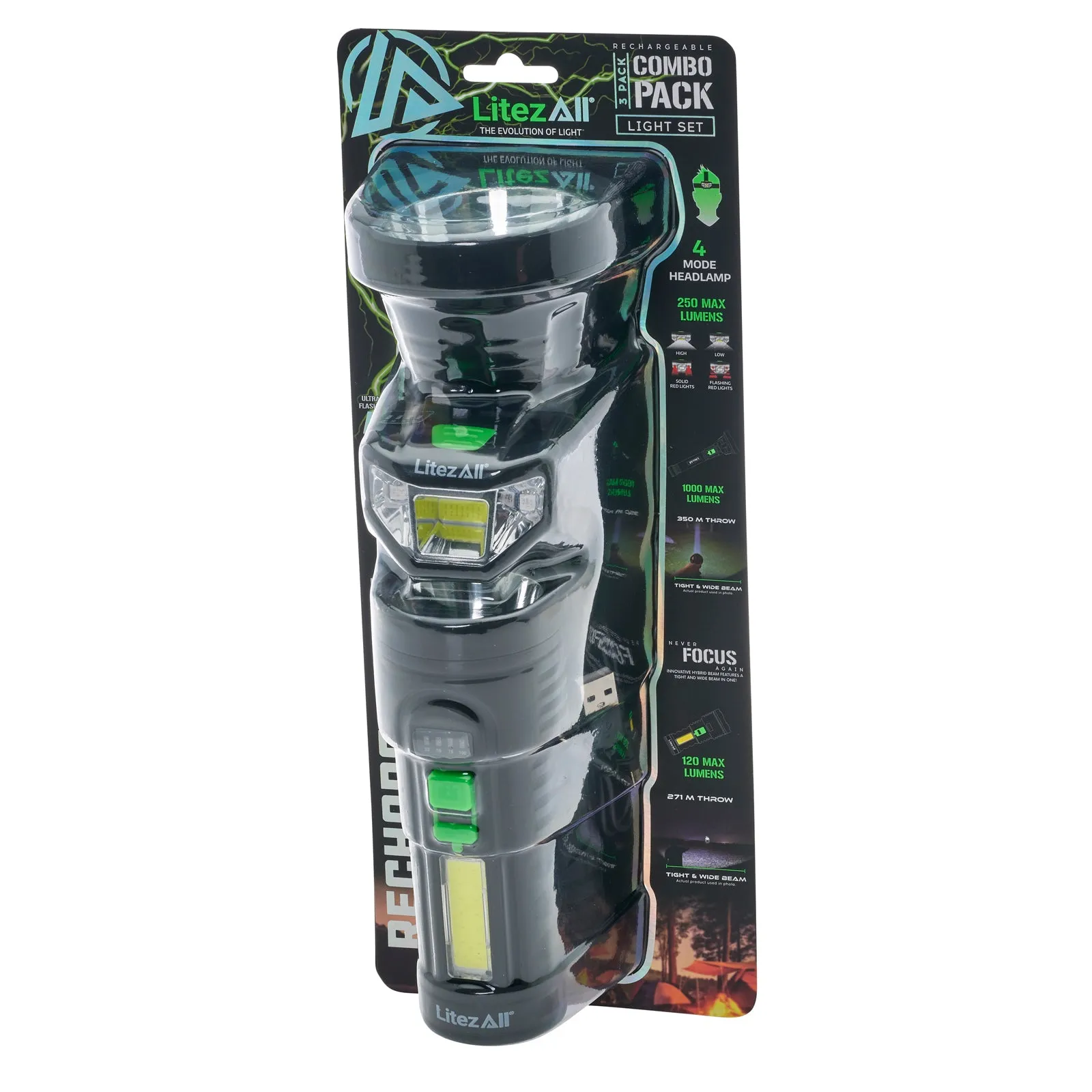 LitezAll Rechargeable Flashlight and Headlamp Combo Pack