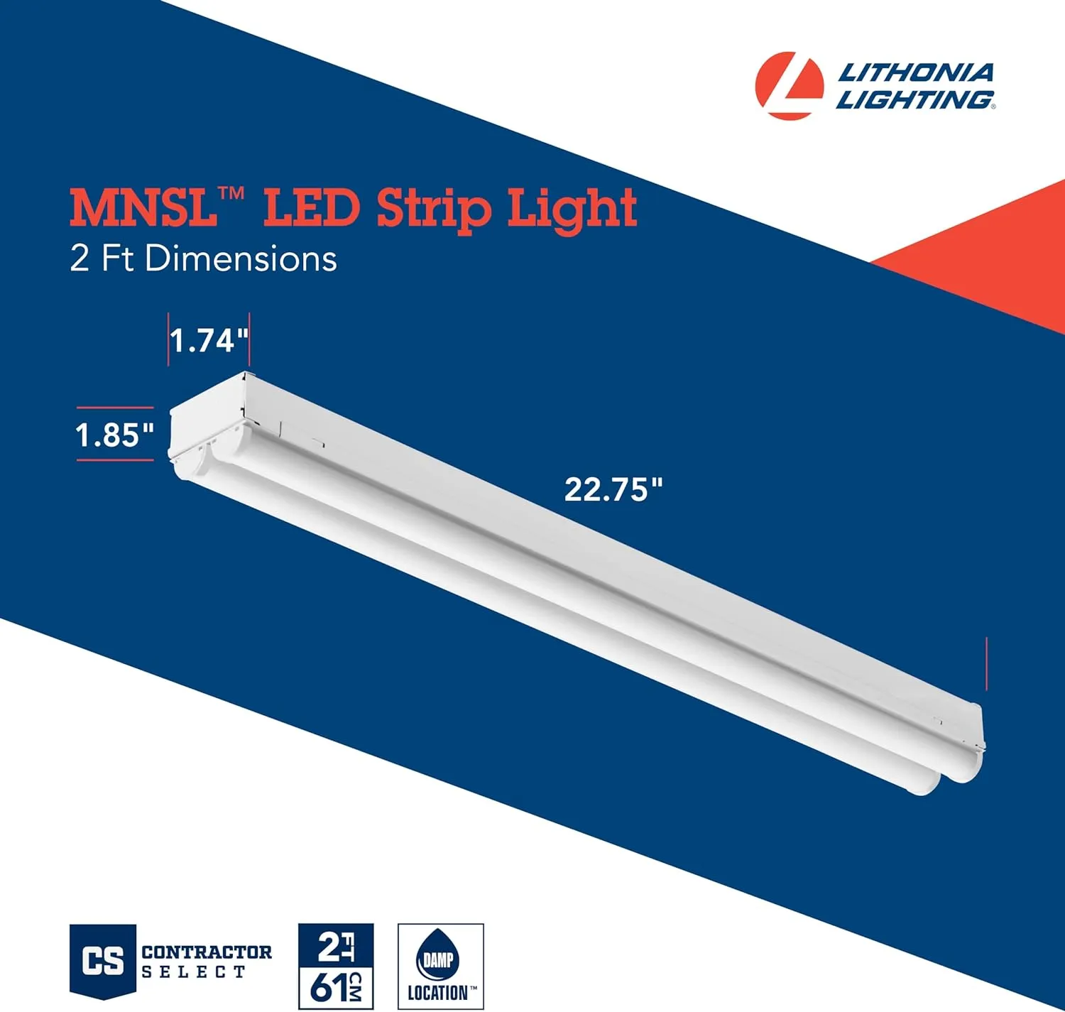 Lithonia Lighting 2 Light LED Strip Light, 2 Foot LED Ceiling Lighting Fixture, 2500 Lumens, 4000K, 80CRI, 20W, Kitchen and Garage Use (MNSL L24 2LL MVOLT 40K 80CRI M6)