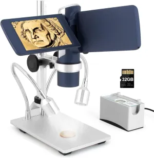 LM203S 4" HDMI Digital Microscope, Portable Coin Microscope Full View of Coins, 800X Handheld Coin Magnifier Magnifying with Light, Wireless USB Microscope with Metal Stand, 5pcs Microscope Slides