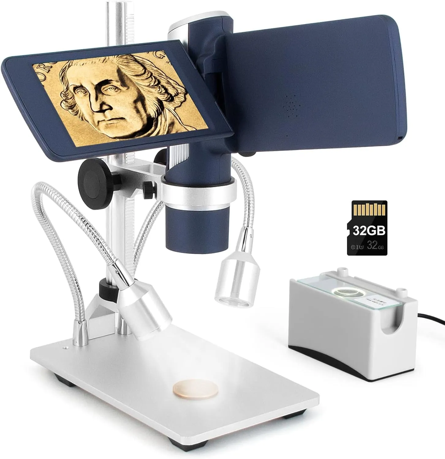 LM203S 4" HDMI Digital Microscope, Portable Coin Microscope Full View of Coins, 800X Handheld Coin Magnifier Magnifying with Light, Wireless USB Microscope with Metal Stand, 5pcs Microscope Slides