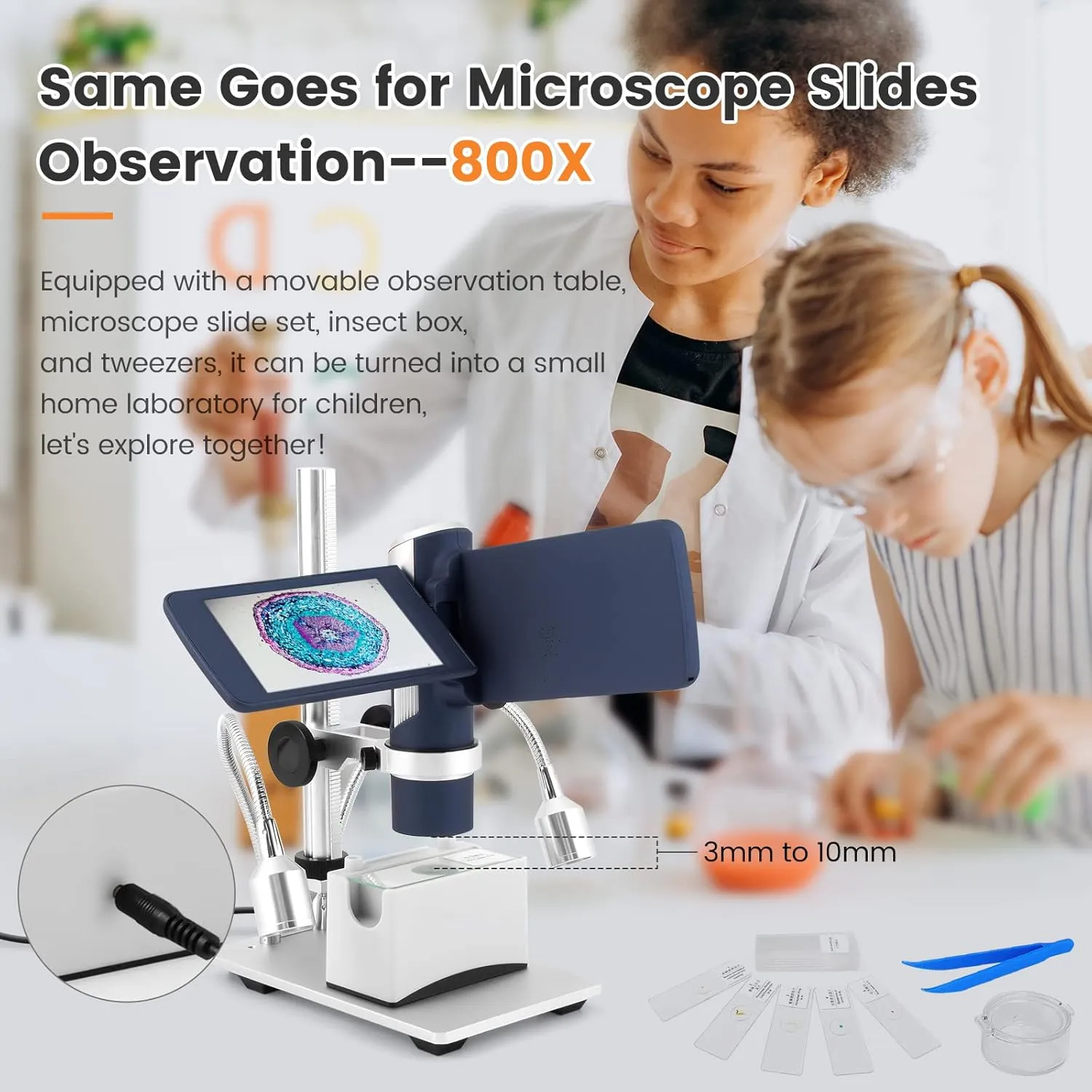 LM203S 4" HDMI Digital Microscope, Portable Coin Microscope Full View of Coins, 800X Handheld Coin Magnifier Magnifying with Light, Wireless USB Microscope with Metal Stand, 5pcs Microscope Slides