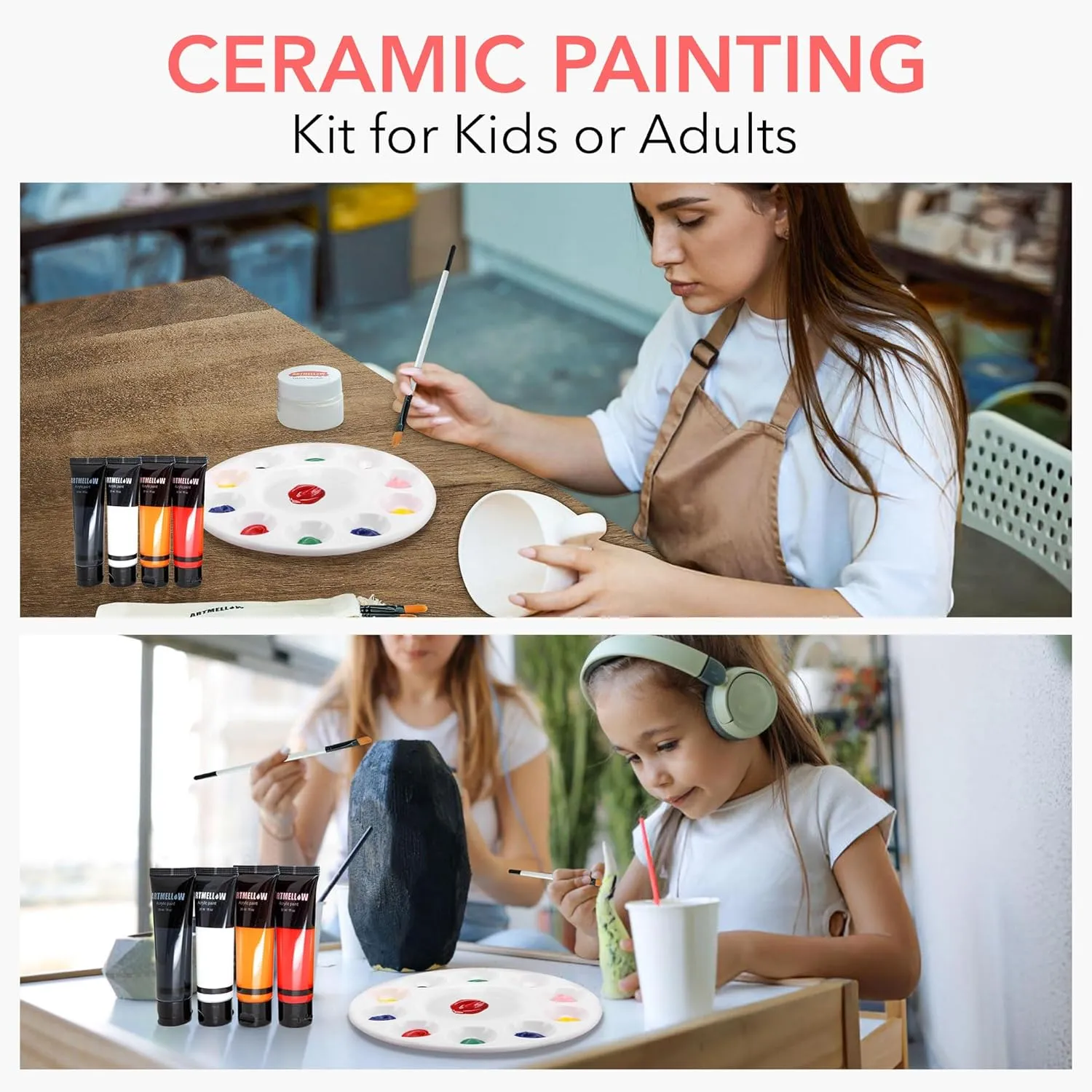 Luxury Ceramic Wall Plate Painting Kit for Kids Adults - Complete Arts and Crafts Set Paint Your own Ceramics - Includes 6 Brushes Professional Acrylic Paint Gift Idea, Party, Birthday idea